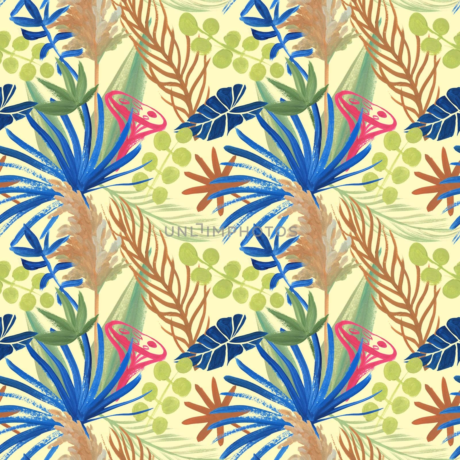 bright summer modern seamless pattern painted with herbarium of tropical dried flowers for textiles and surface design