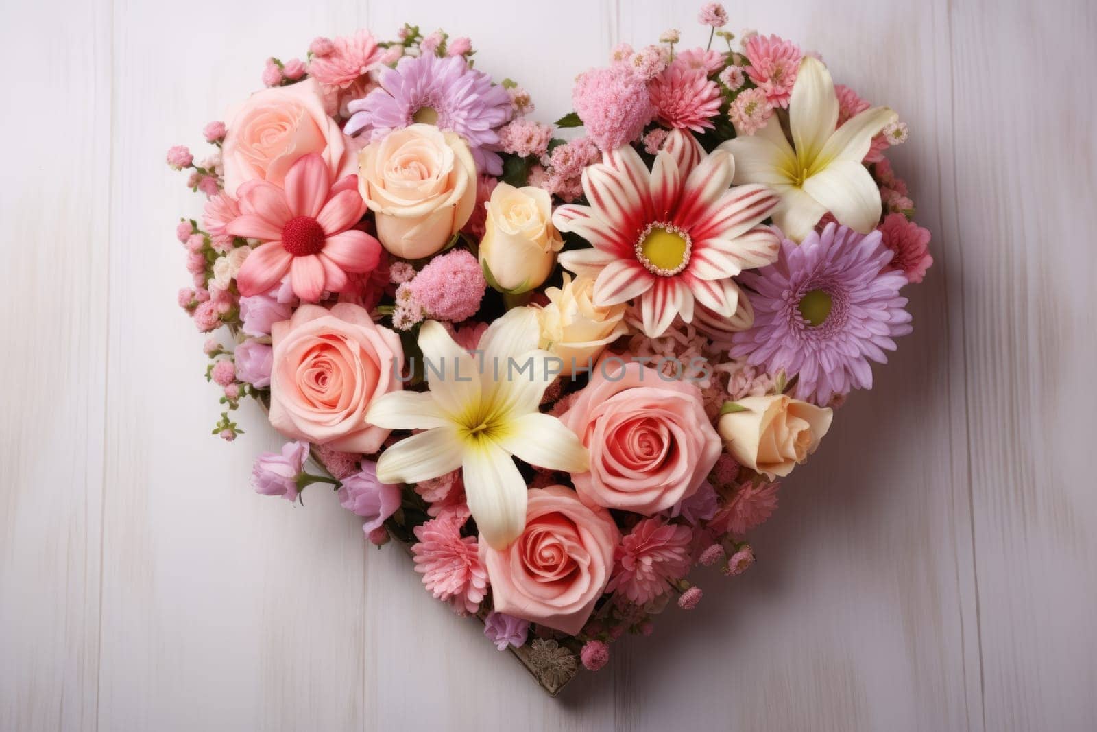 Valentine Day. Heart shape made of flowers on dark background. Valentine's day. AI Generated