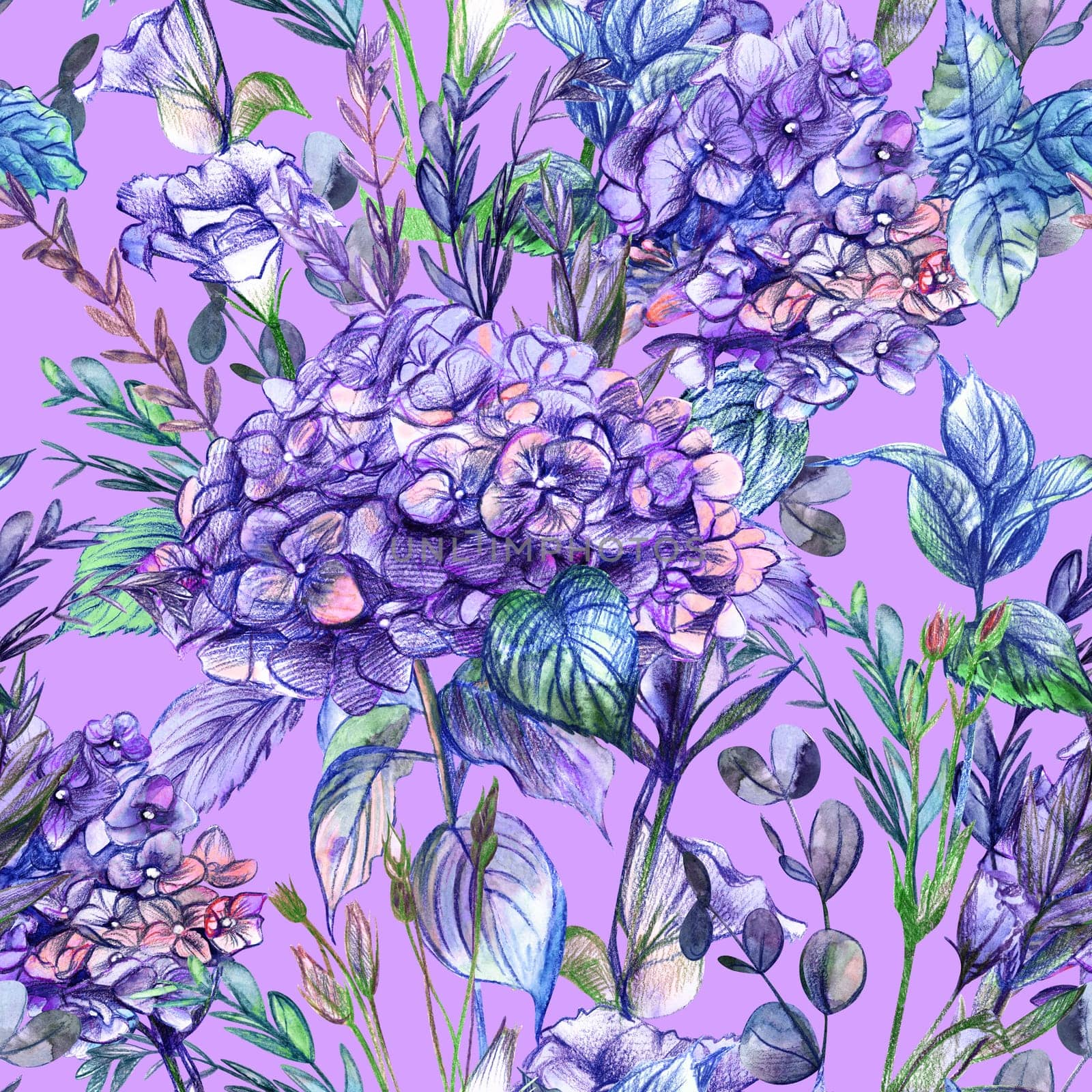 Purple seamless pattern with hydrangea flowers and herbs drawn in watercolor and pencil by MarinaVoyush