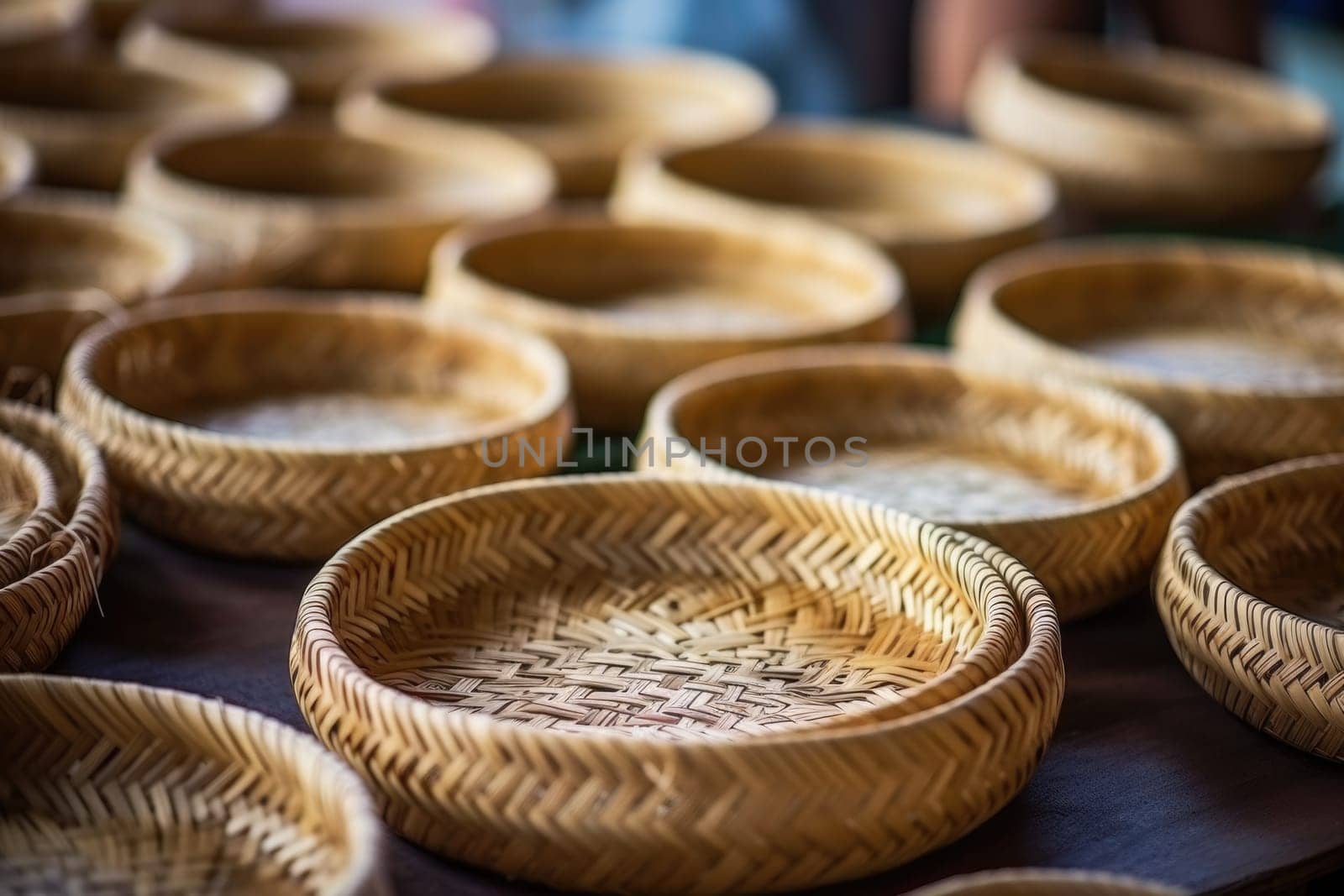 Woman weaving wicker basket indoors, closeup view. AI Generated