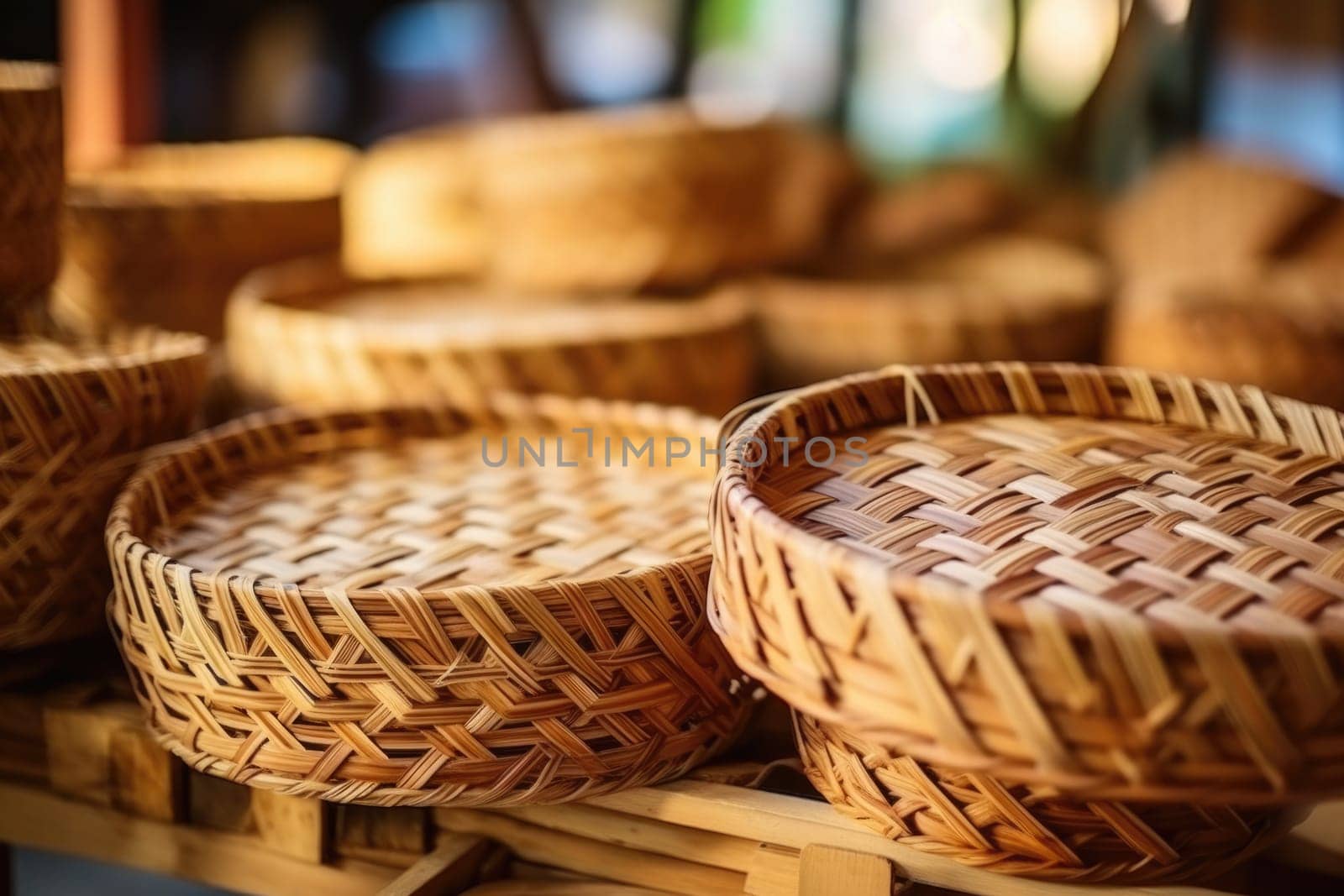 Woman weaving wicker basket indoors, closeup view. AI Generated