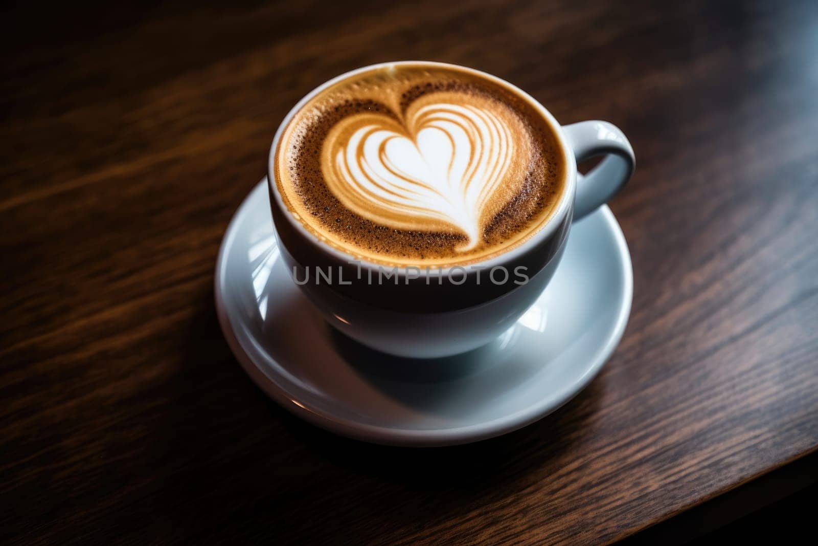 fresh coffee with heart latte art on wooden table. AI Generated