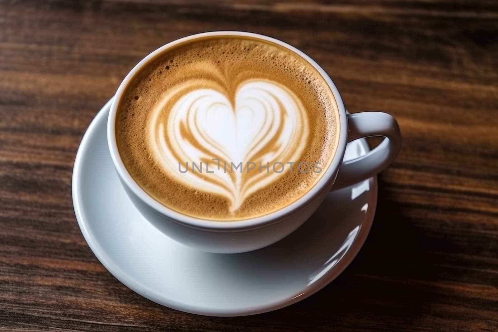 fresh coffee with heart latte art on wooden table. AI Generated