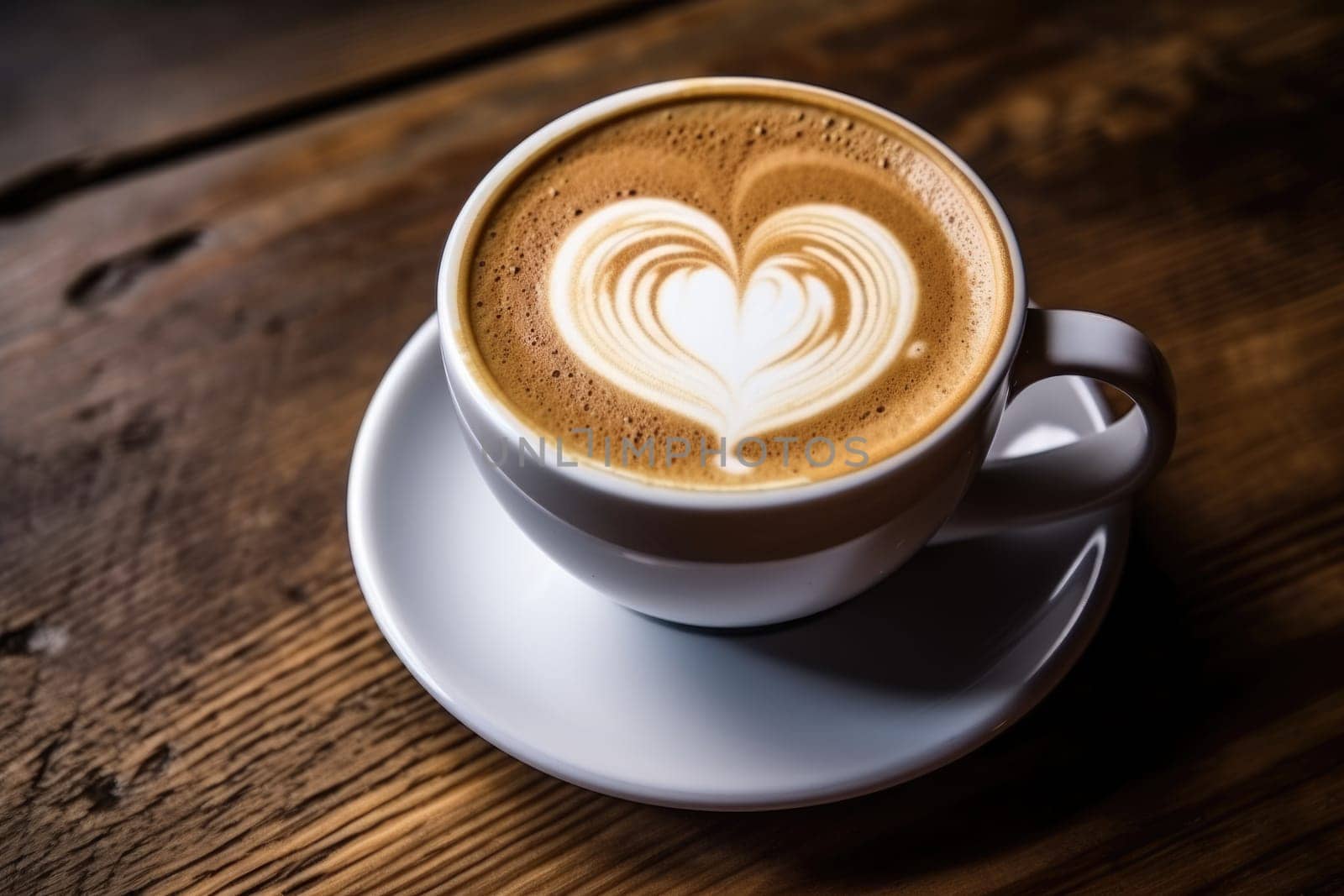 fresh coffee with heart latte art on wooden table. AI Generated