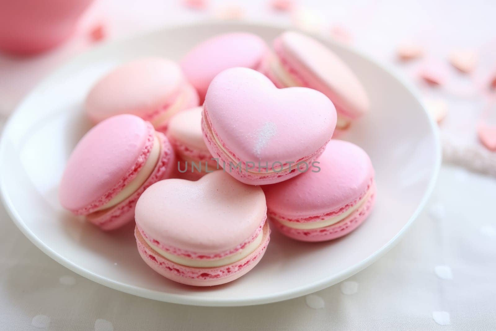 Tasty heart shaped macaroons on white background. AI Generated