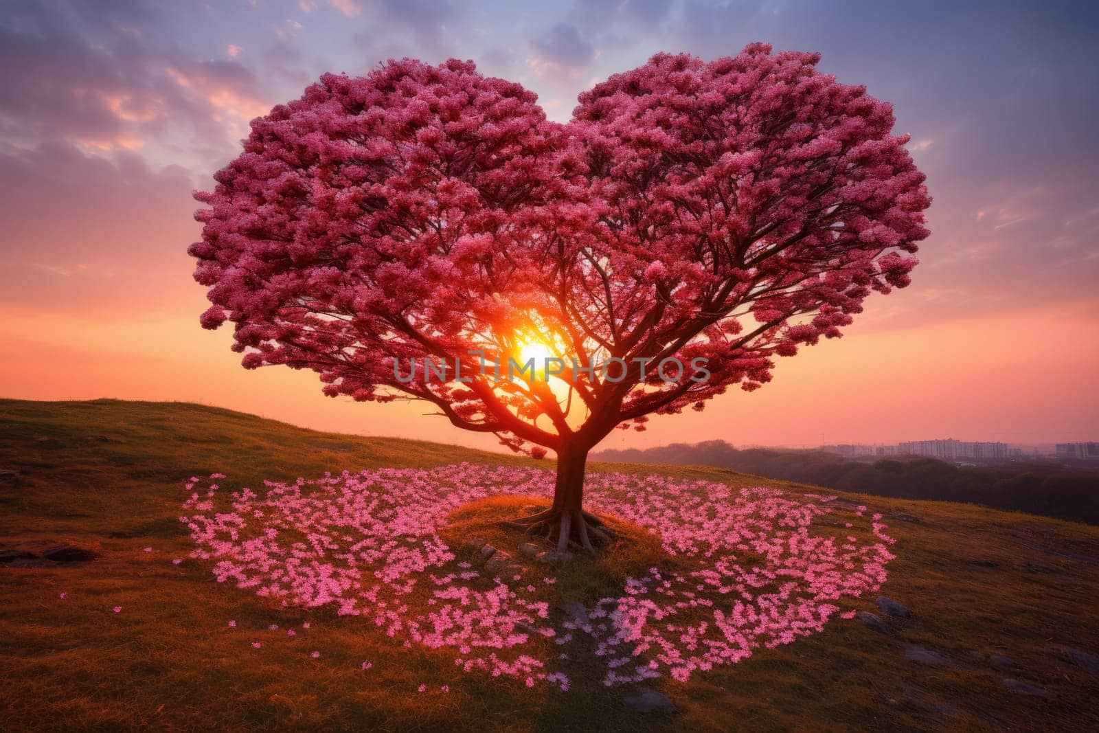 Valentine Day. Red Heart Shaped Tree on sunset. AI Generated