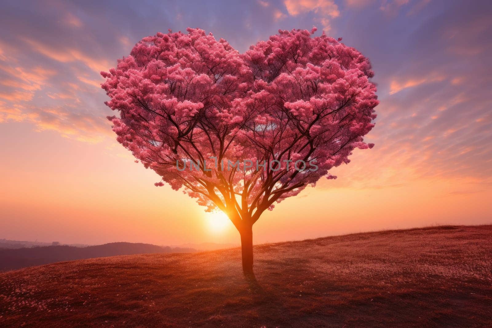 Valentine Day. Red Heart Shaped Tree on sunset. AI Generated