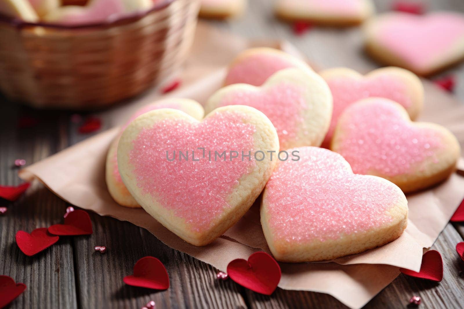 Decorated heart shaped cookie on wooden background. AI Generated by Desperada