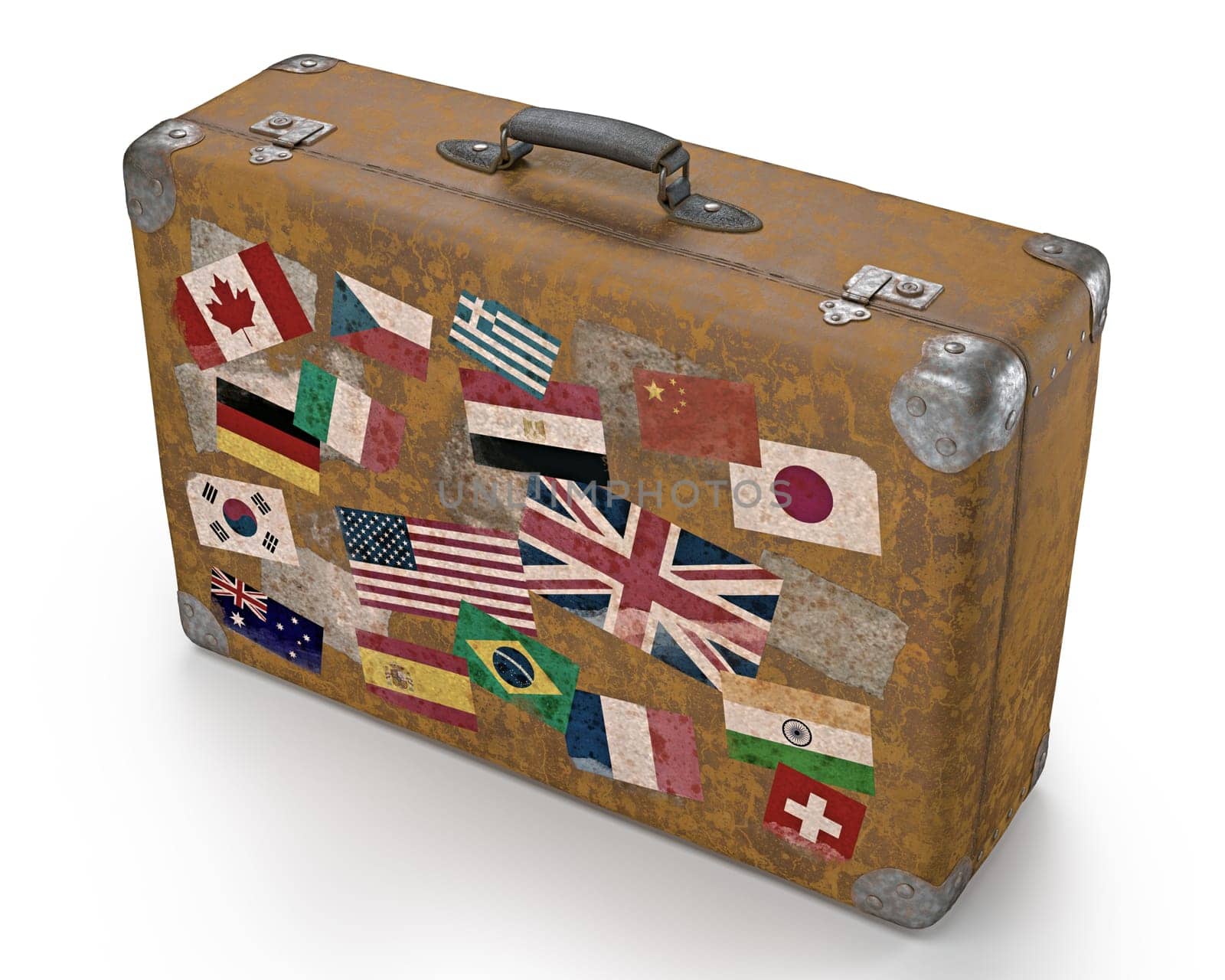 Antique suitcase with stamps flags representing each country traveled. Clipping path included.