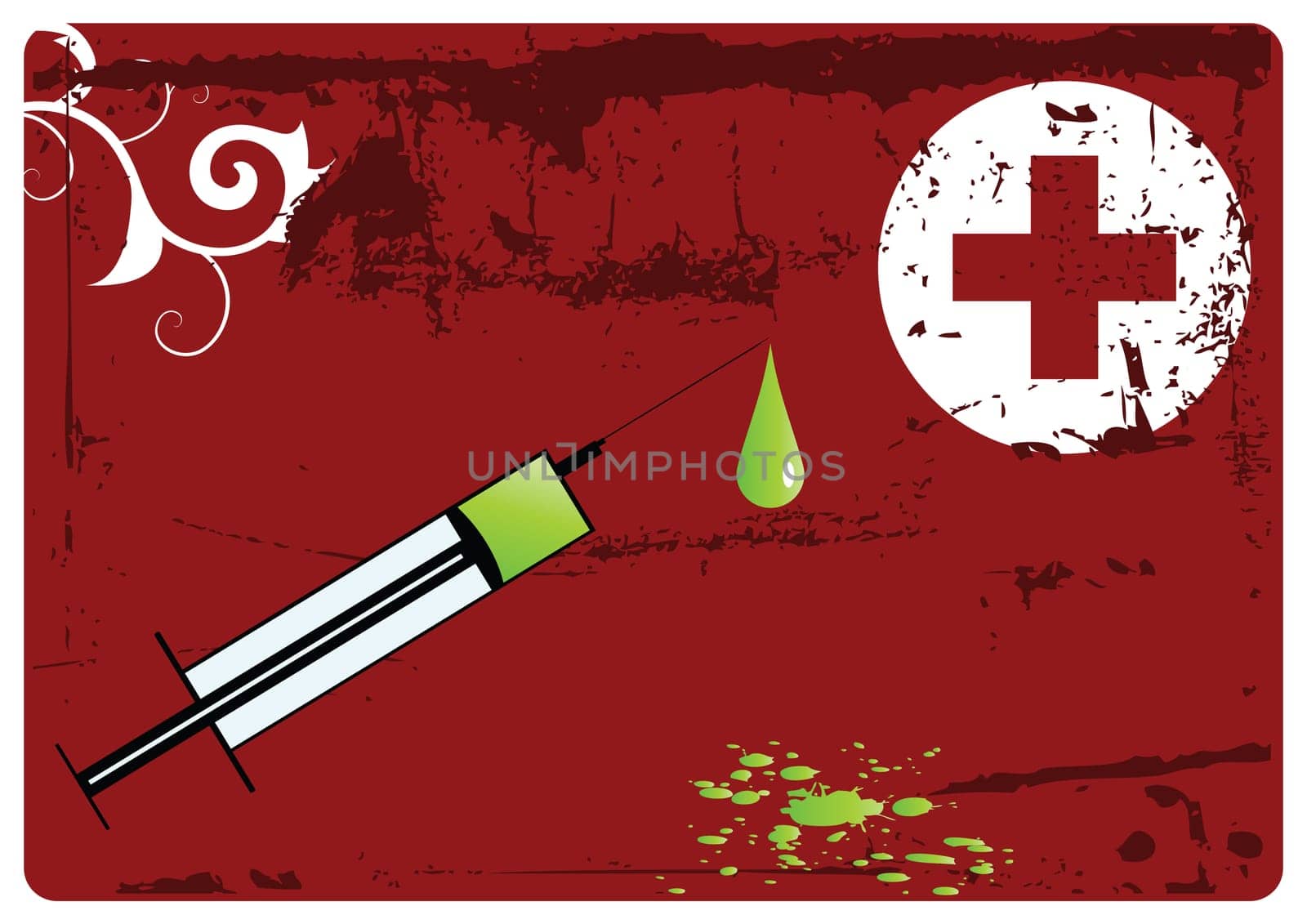 Grunge vector background -  big syringe with drip of something green