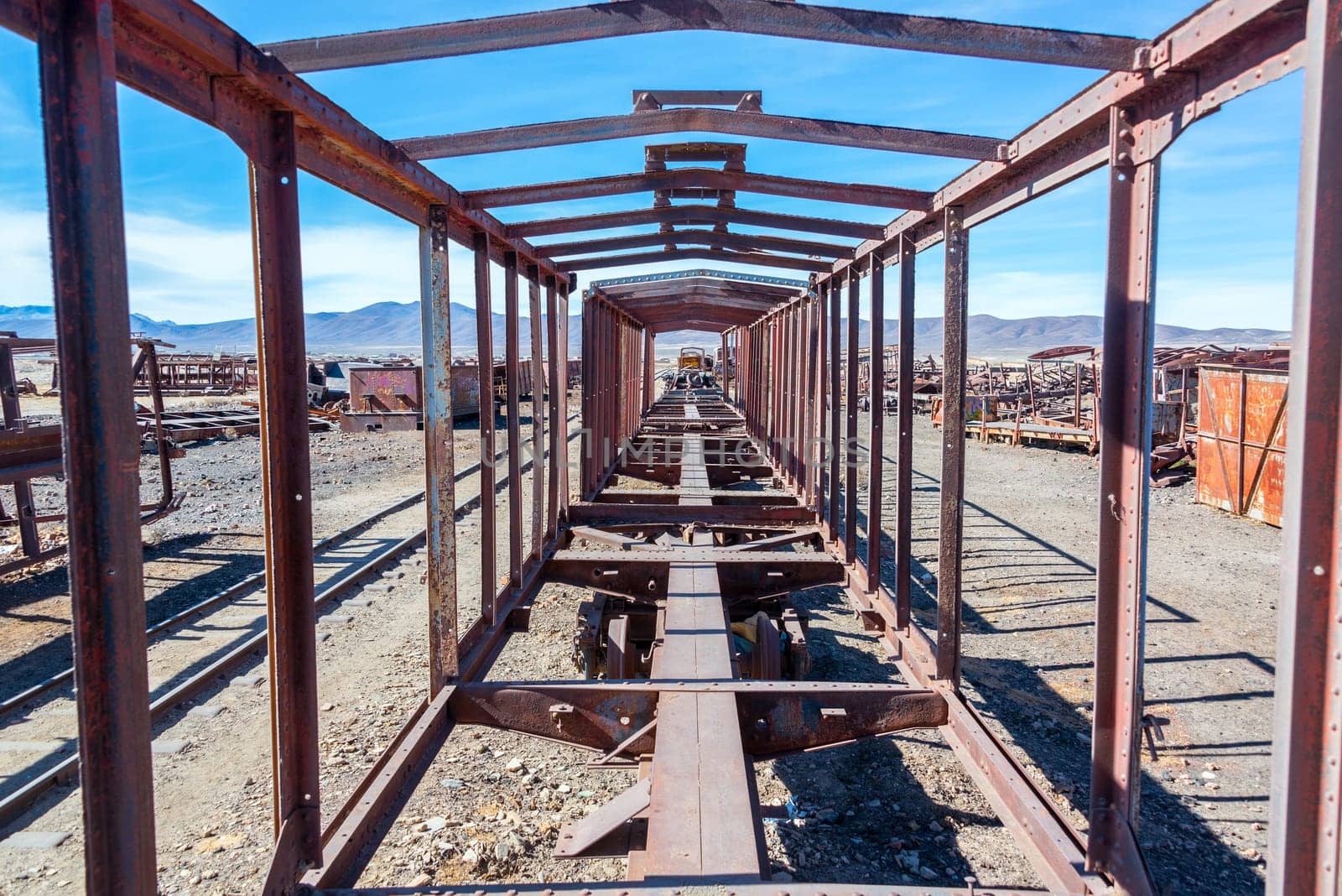 Remains of a train carriage at the Train Cemetery in Uyuni, Bolivia
