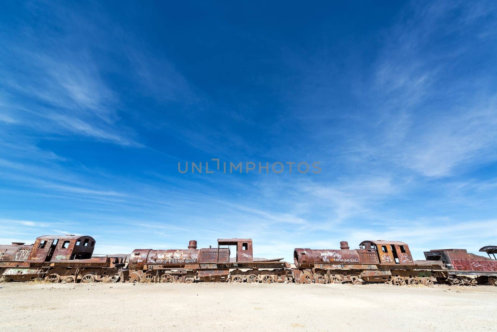 Abandoned train engines in the Train Cemetery at Uyuni, Bolivia