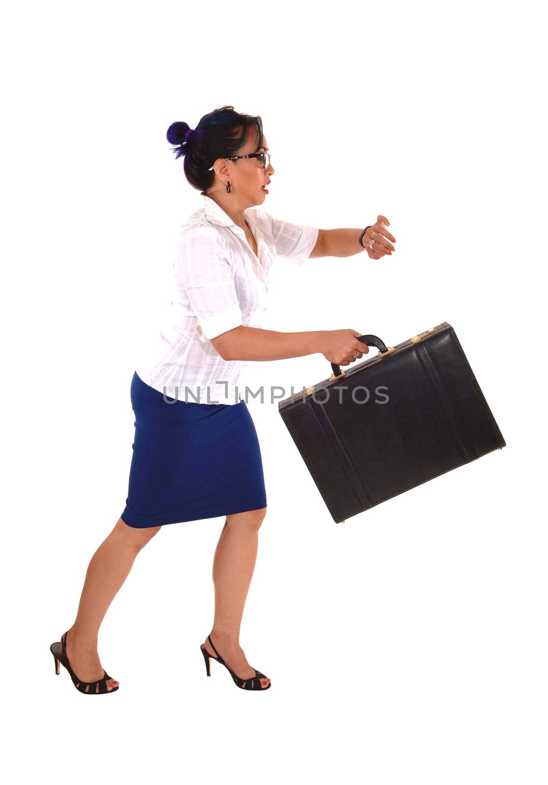 A Chinese business woman running late with a briefcase in her hand,.isolated for white background..