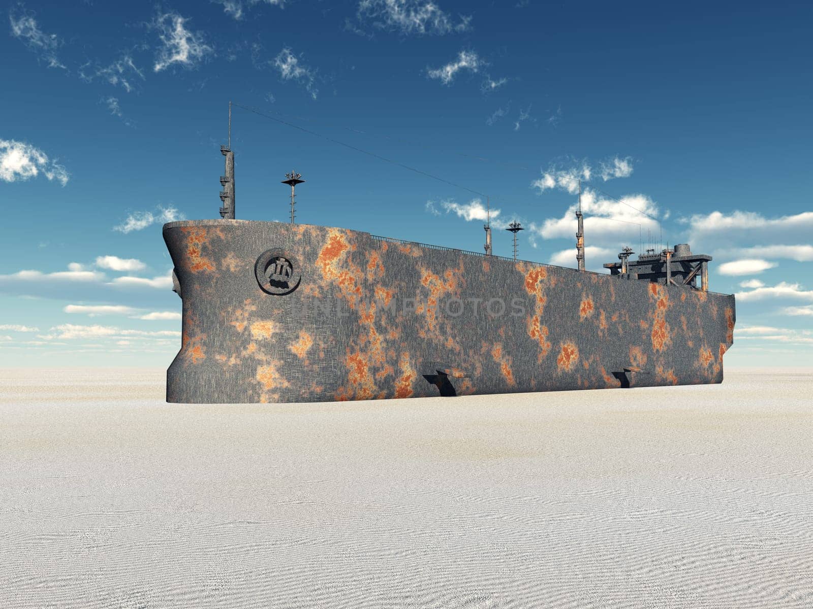 Computer-generated 3D illustration with a stranded supertanker