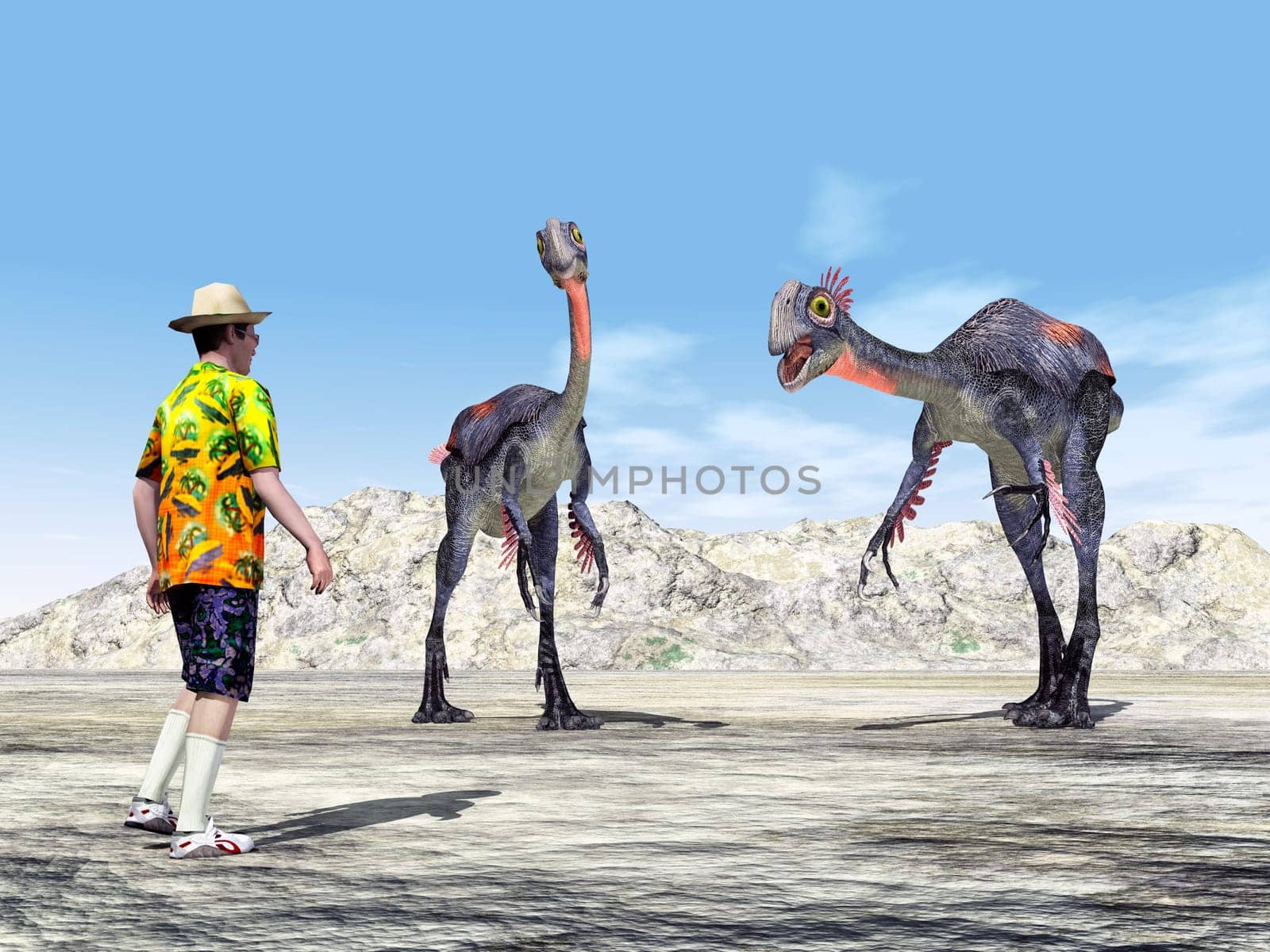 Computer-generated 3D illustration with a tourist and the dinosaur Gigantoraptor