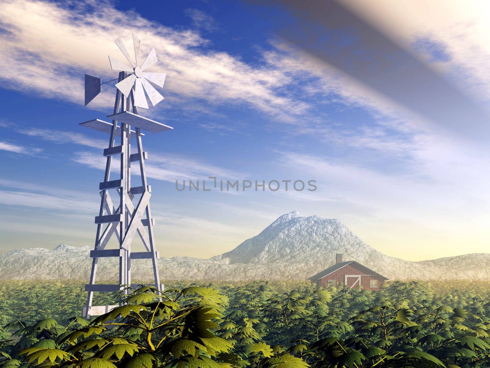 Computer-generated 3D illustration with a Western wind turbine