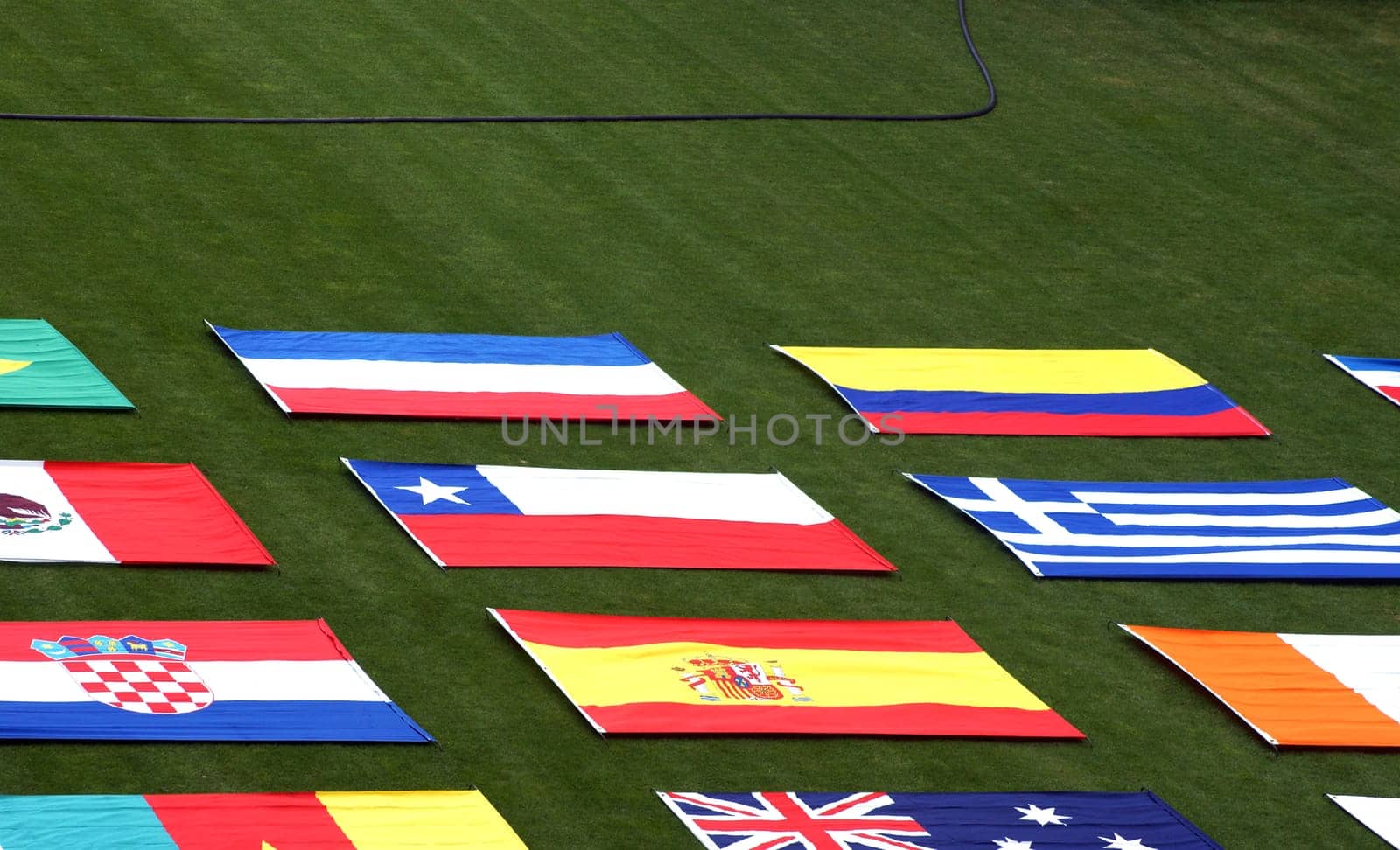 The photograph of country flags of the participants of the World Cup on a lawn.