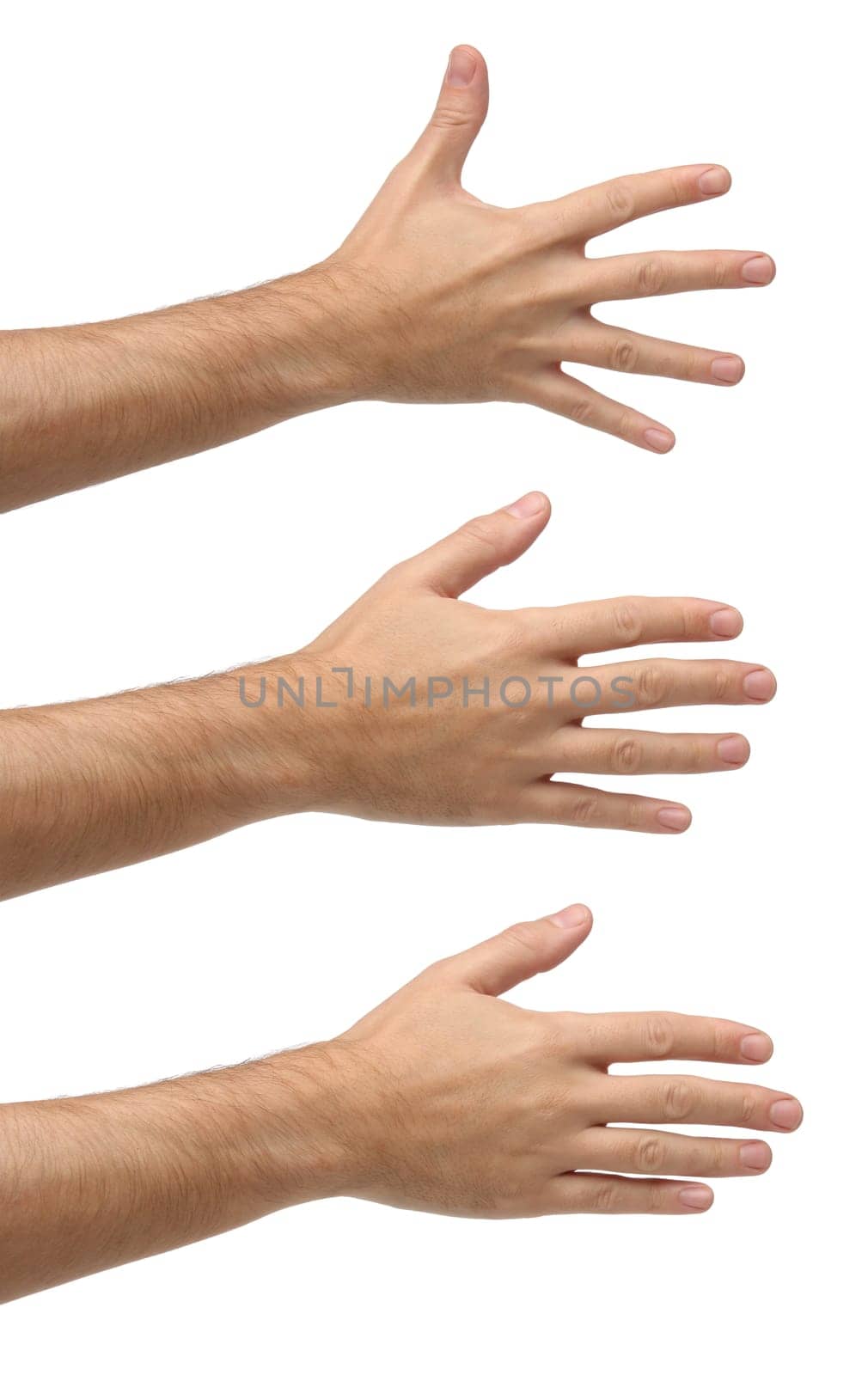 Three open hands on differents possitions. Isolated on white background