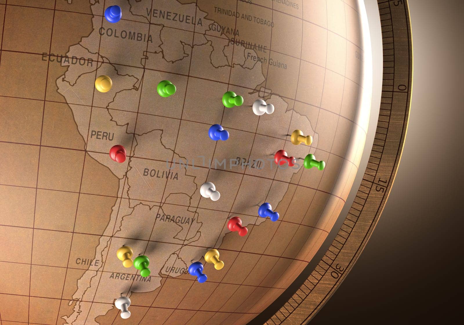 Antique globe with nails marking the travel route.