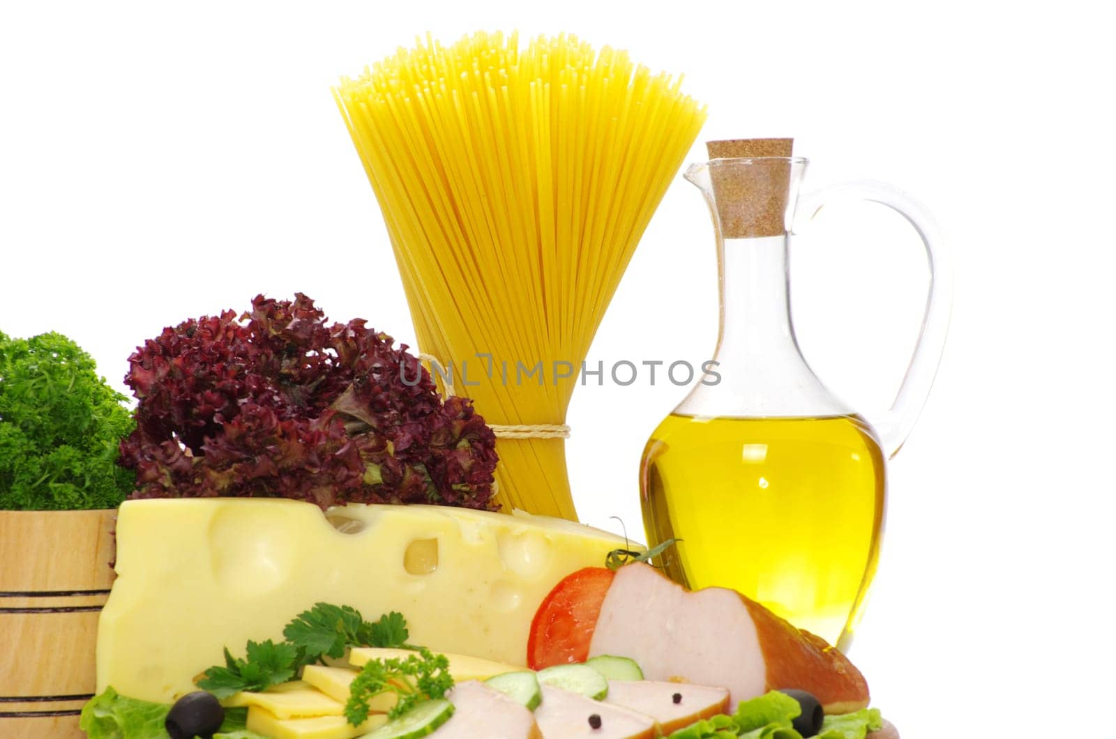Ingredients for cooking italian pasta over white