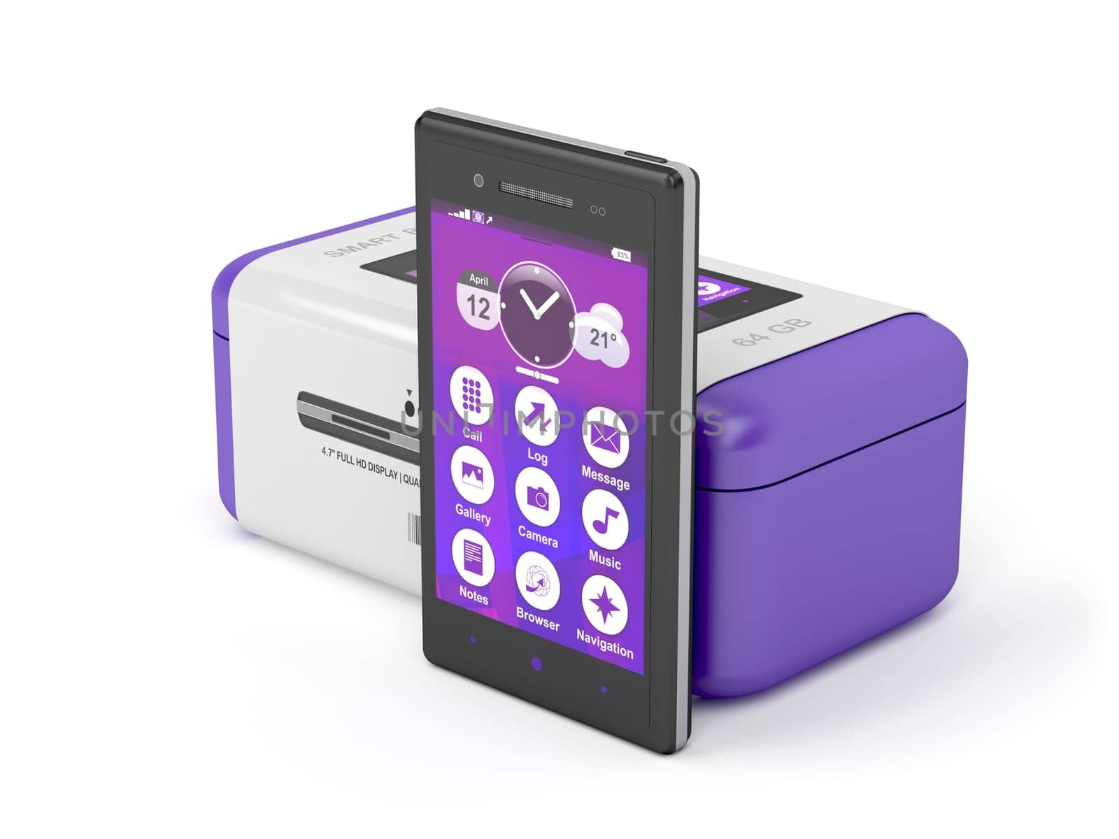Brand new smartphone and box on white background