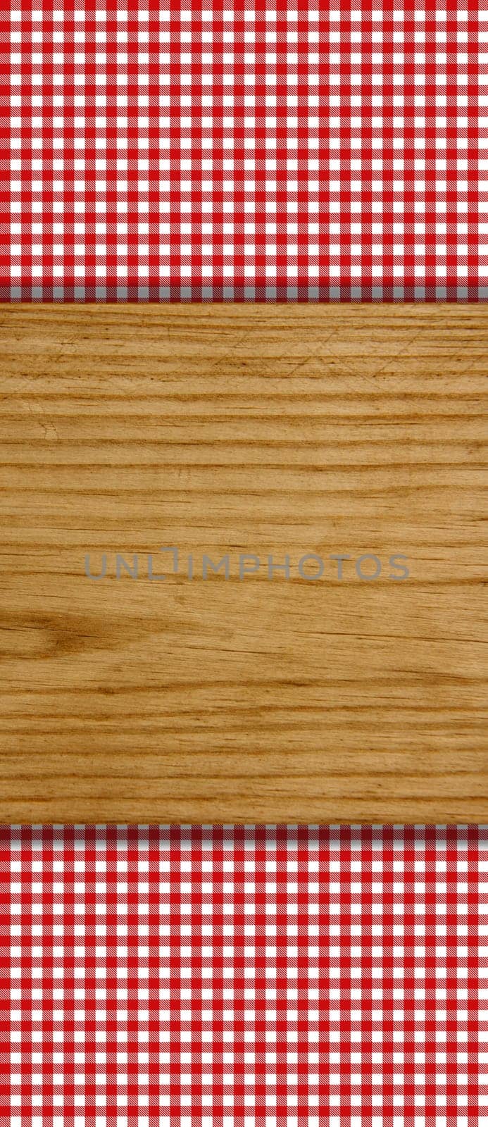 Red checkered background with wooden board