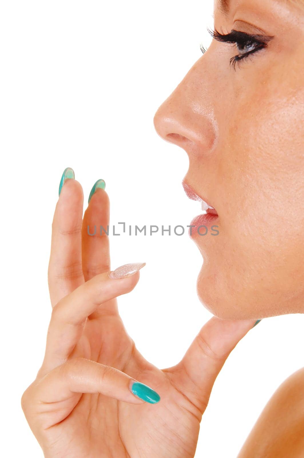 A closeup picture of part of the face of a pretty woman holding her hand.on her face, isolated on white background..