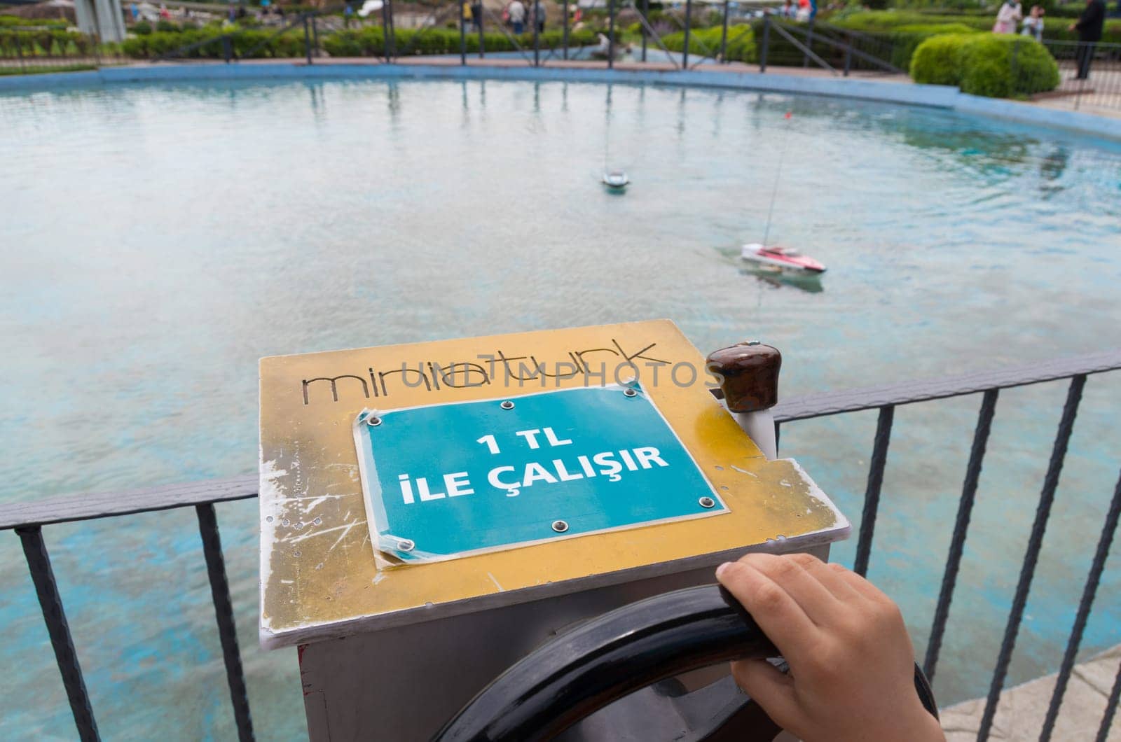 Remote control motor boat in Miniaturk park in istanbul, the largest miniature park in the world. The park contains 105 buildings, each replicated on a scale of 1