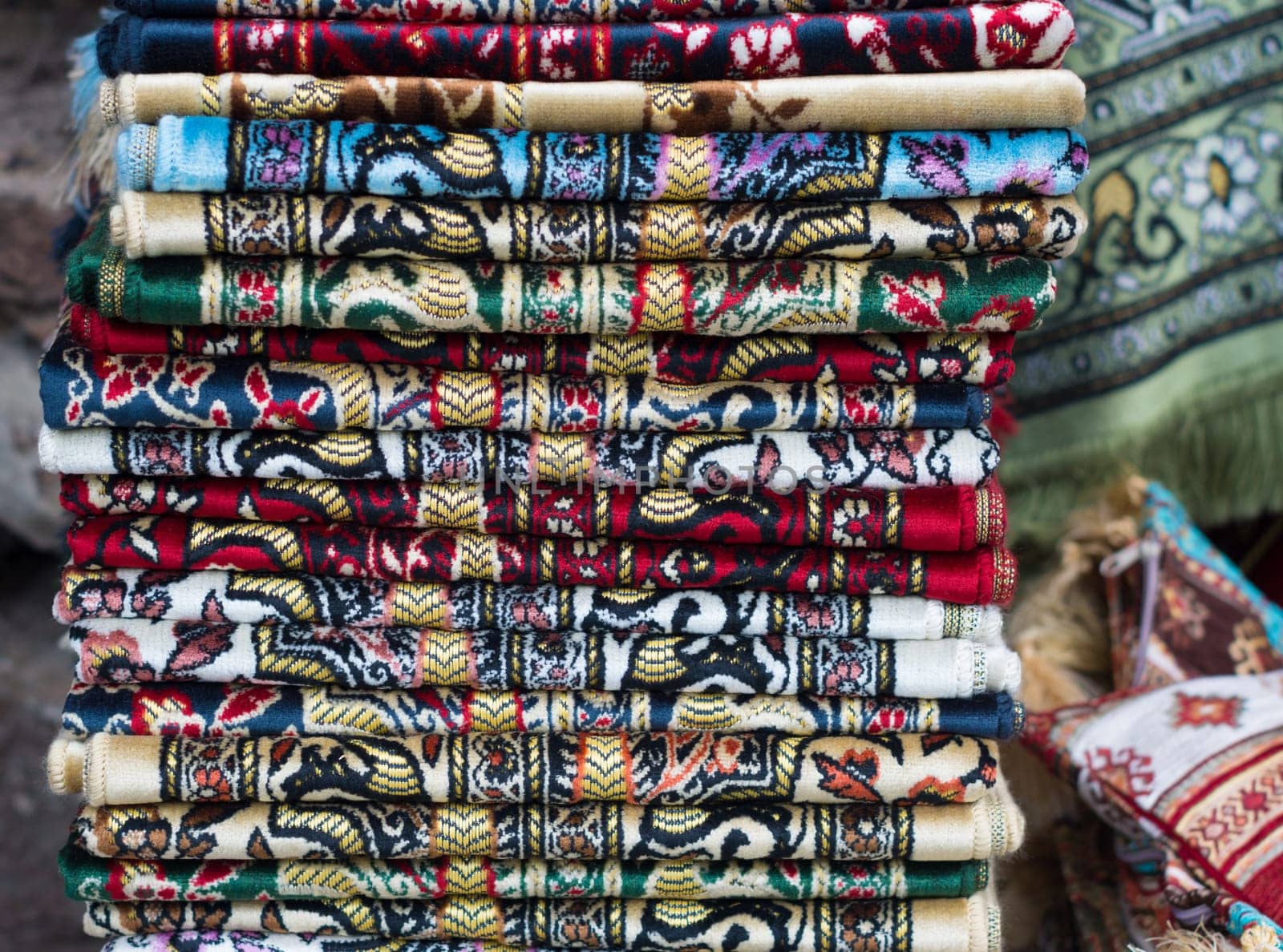 stack with traditional turkish carpets in istanbul