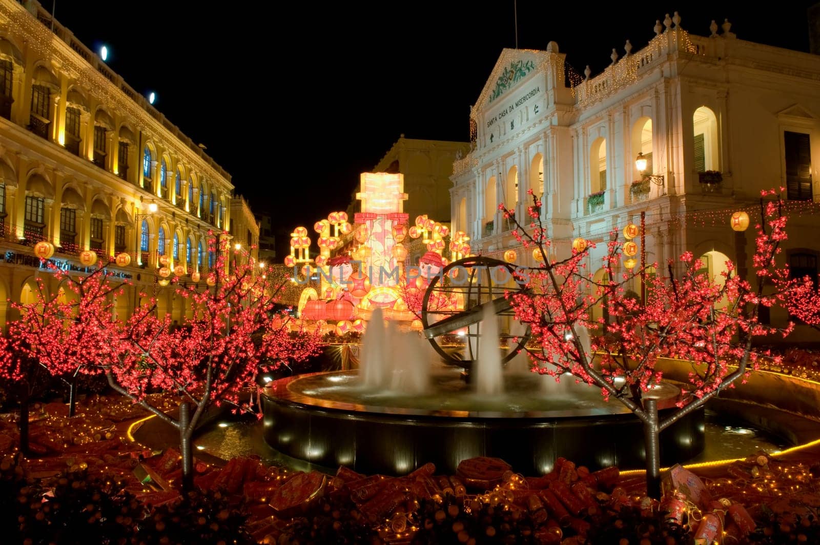 The santa casa de misericordia in the senado square in Macau, with decoration trees