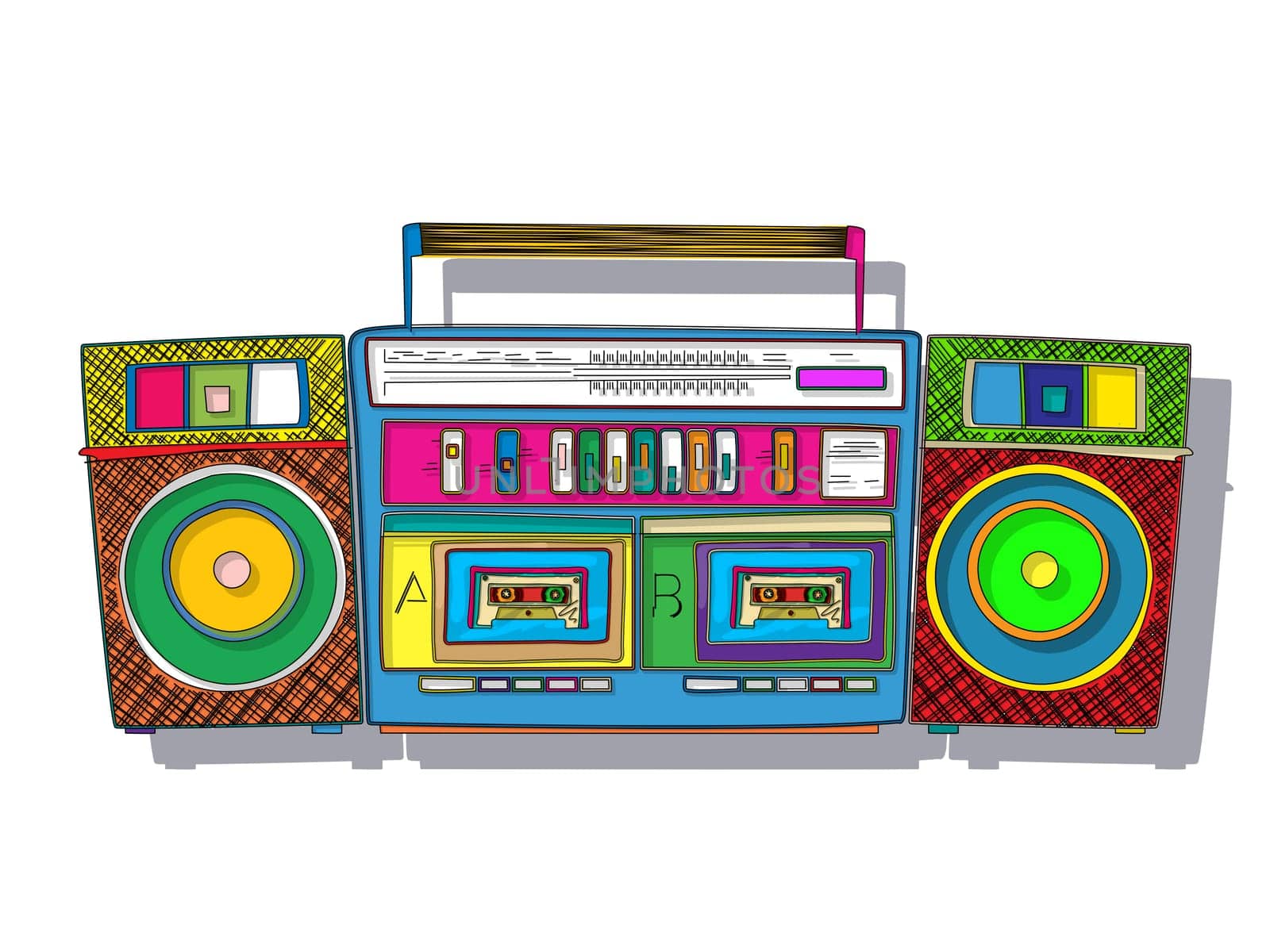 Vintage stereo double tape cassette player, pop art boombox.
