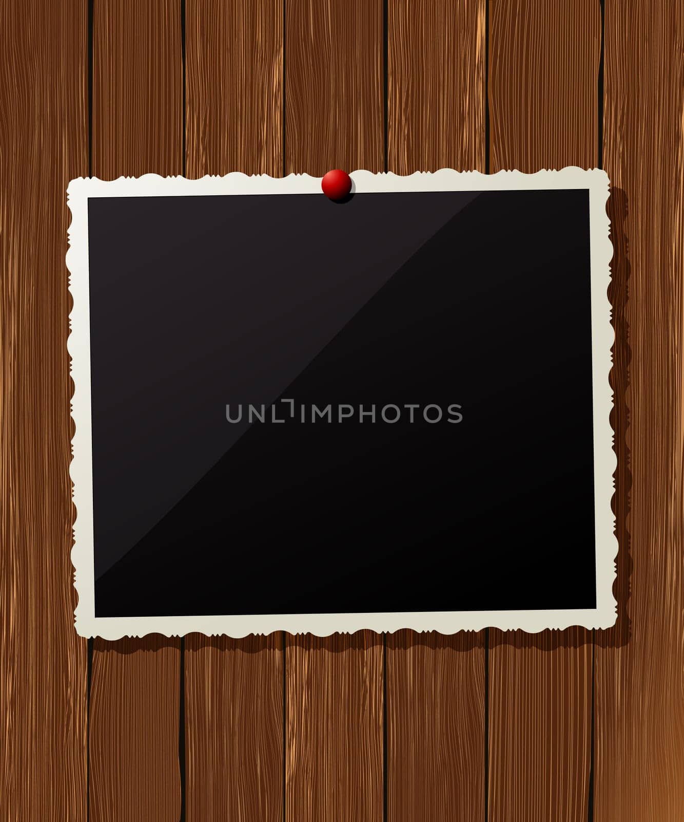 Vintage photo frame pinned on the wooden wall