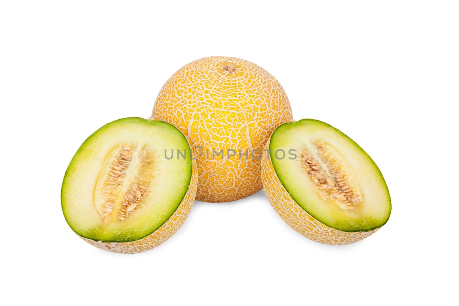 EIne whole and two half Galiamelons isolated against a white background