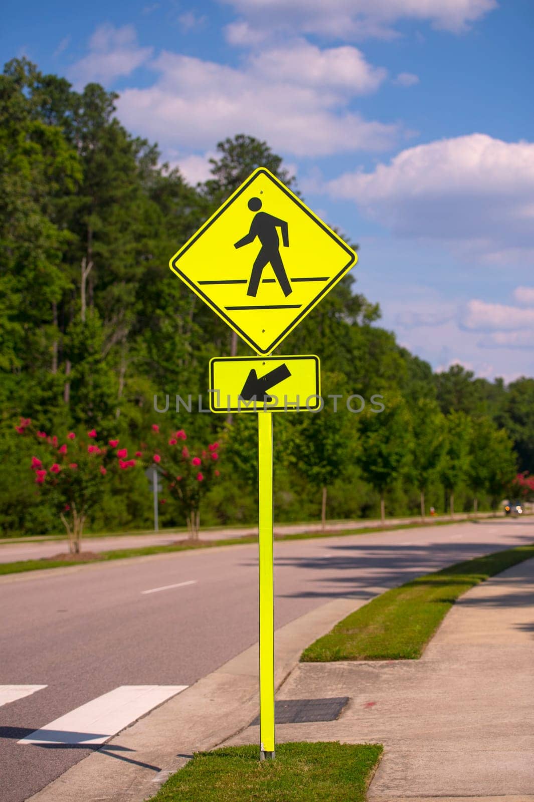 Pedestrian sign in a sunny day at a local road
