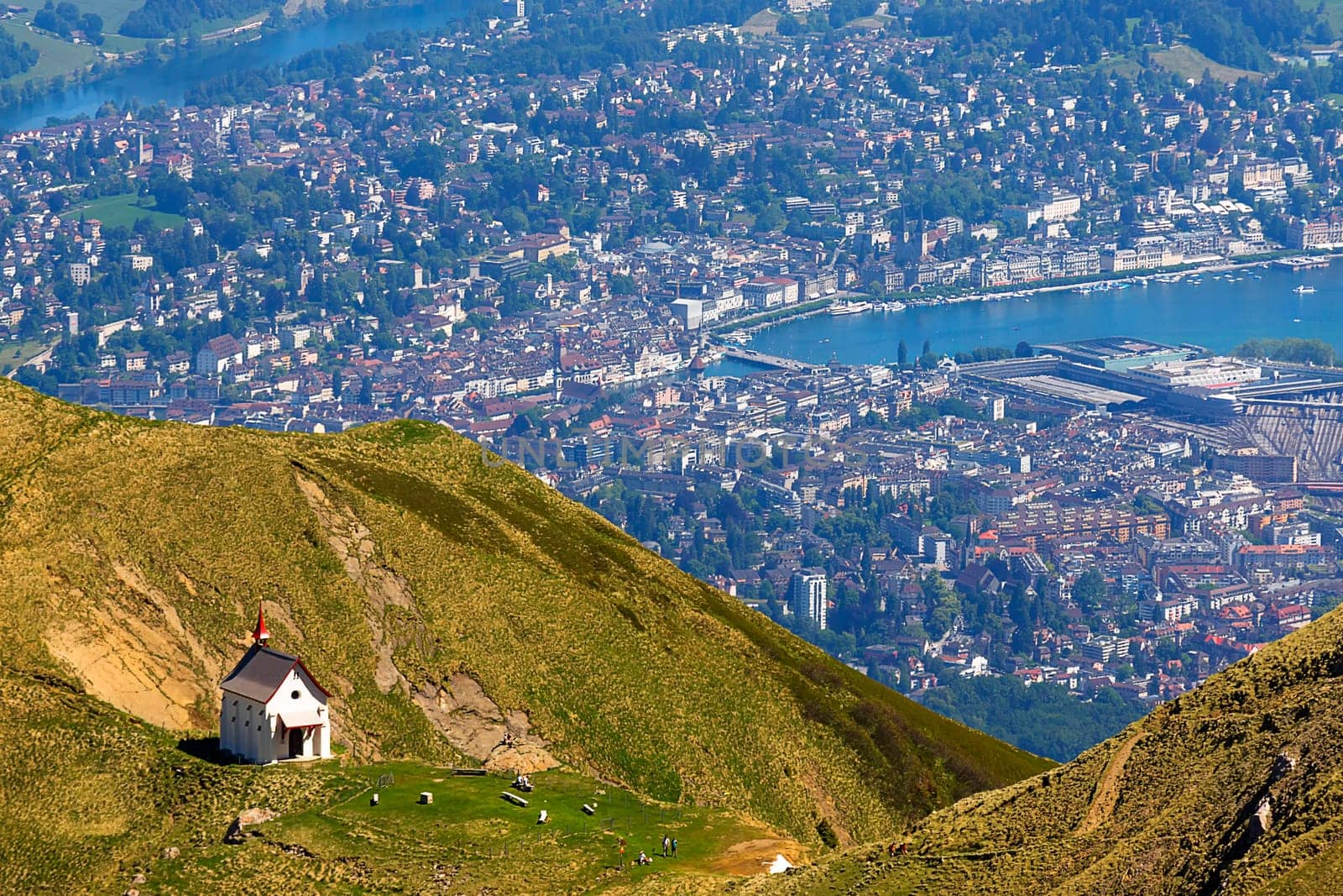 view from the Pilatus summit to the city of Lucerne