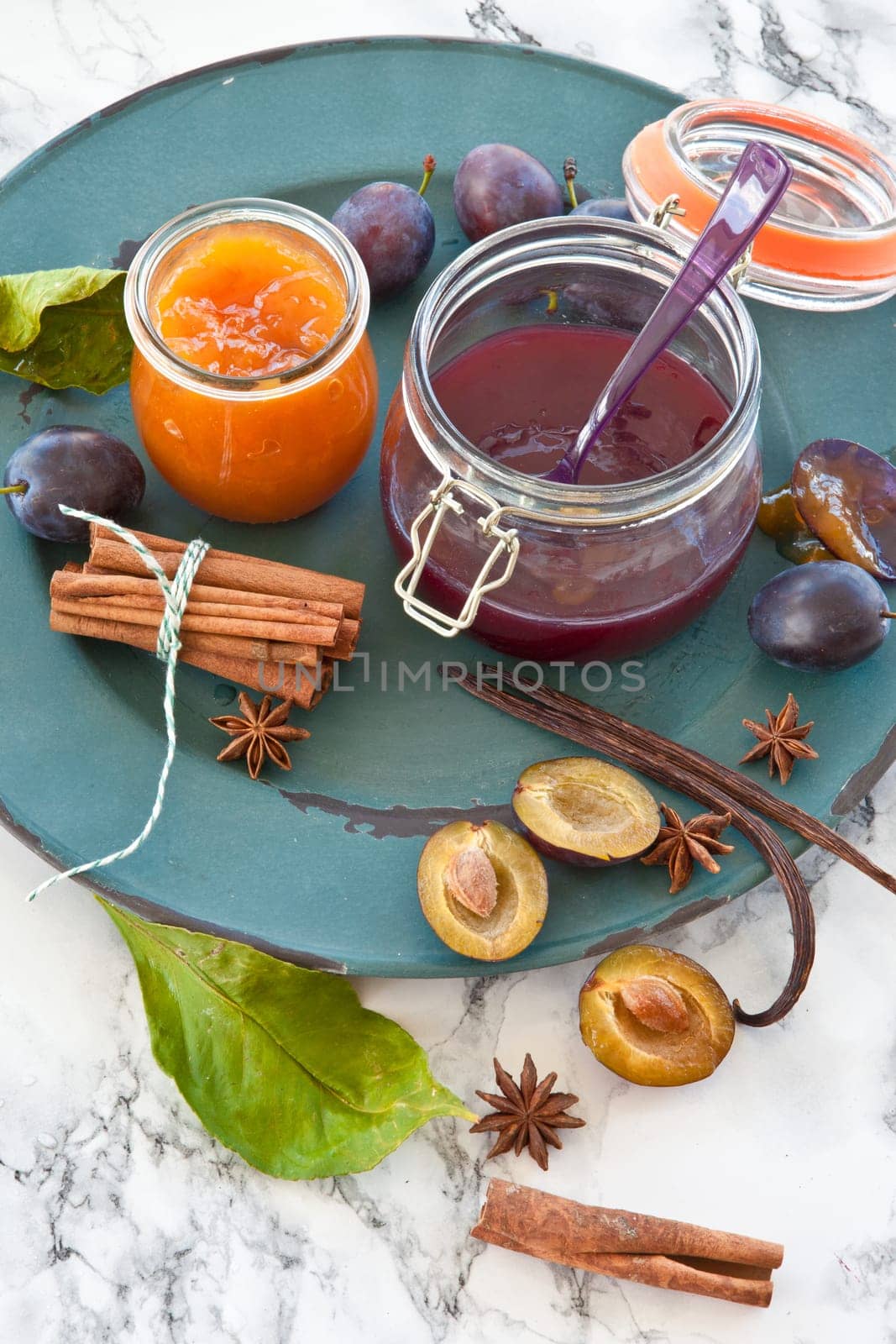 Various jams of fresh plums with wintry swirls