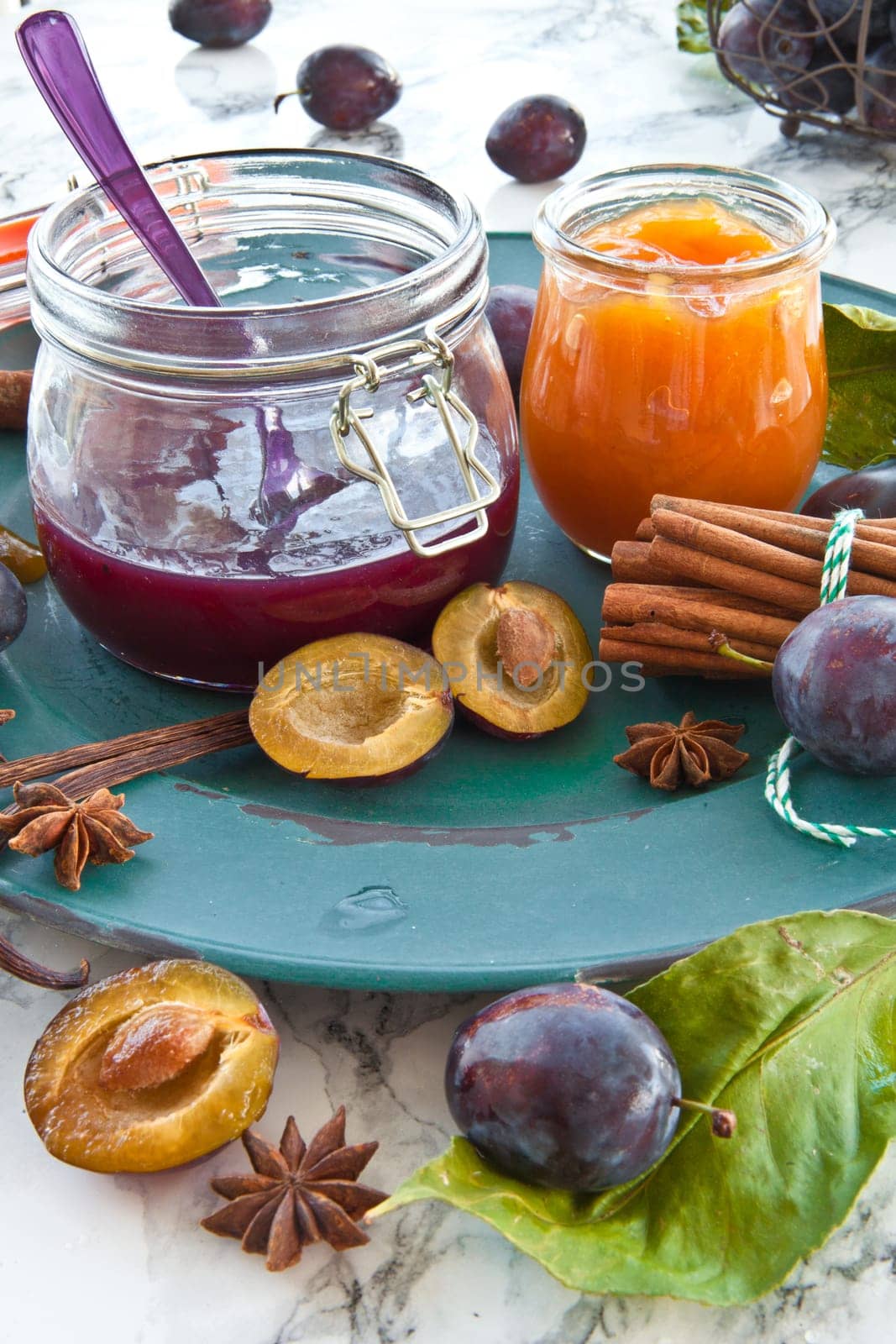 Various jams of fresh plums with wintry swirls