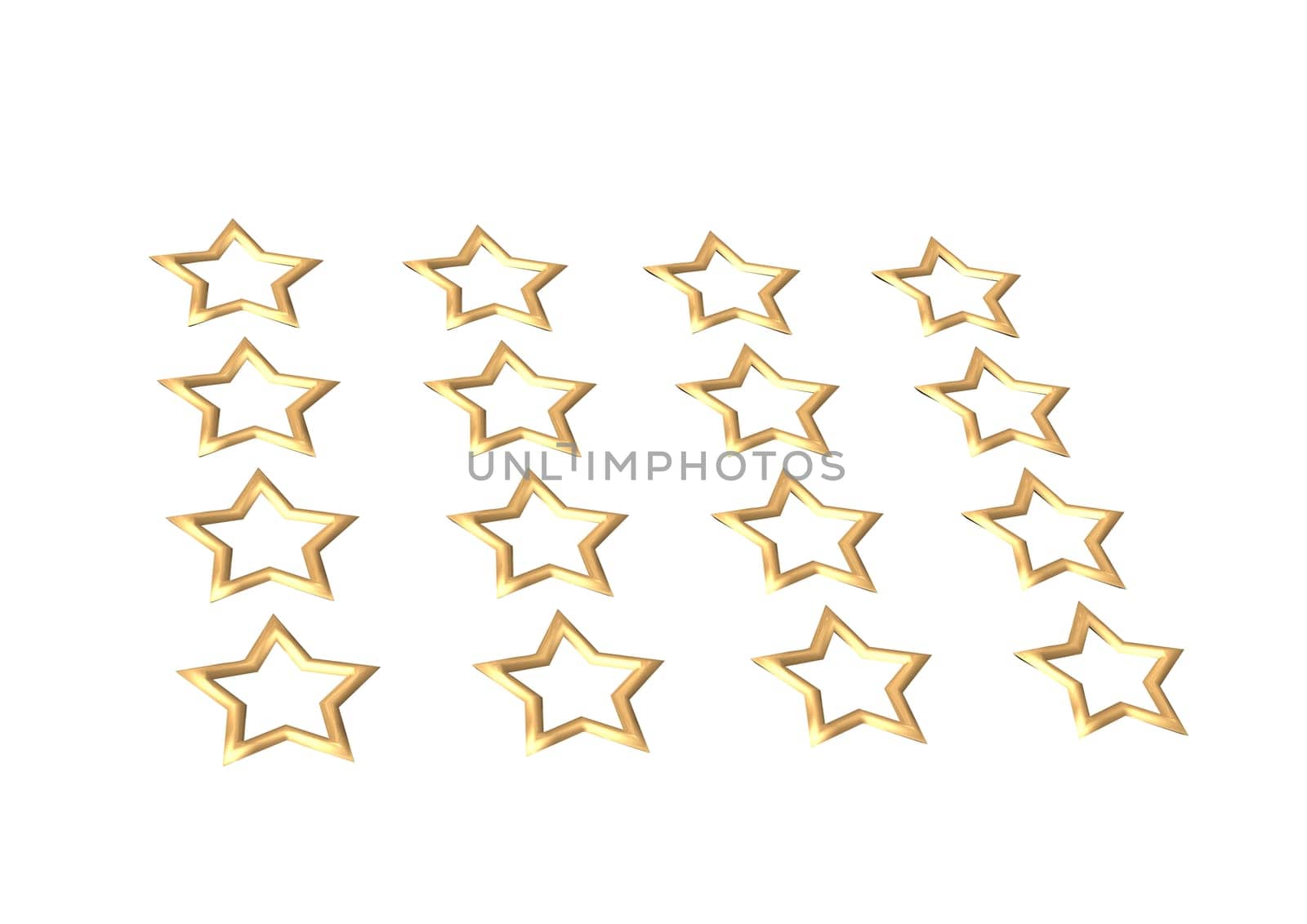 Gold Stars. Isolated on white. 3D render.