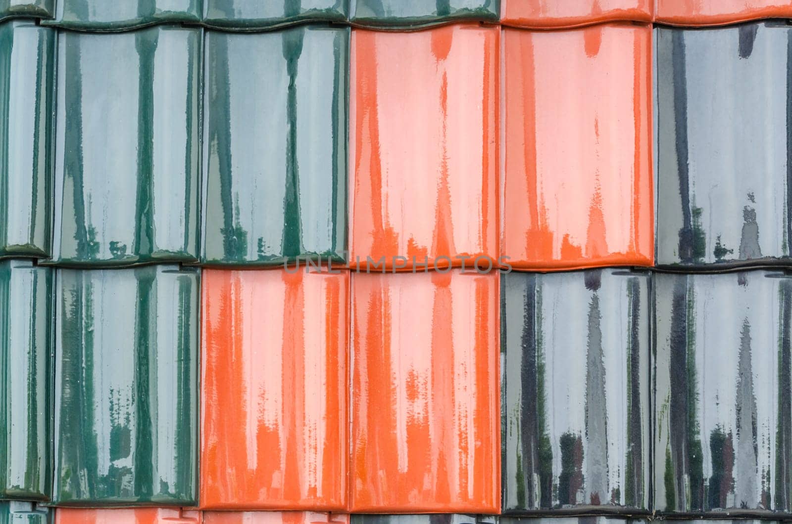 Close-up of red,black roof tiles and pans,texture.