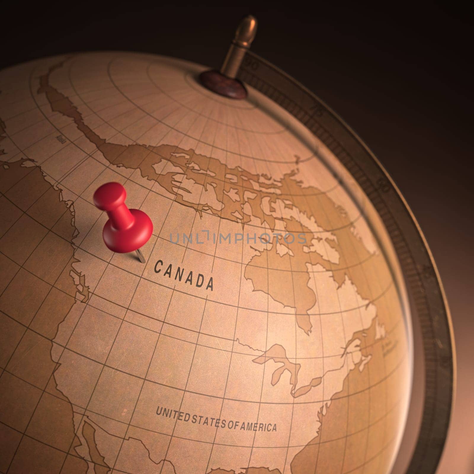 Antique globe with the Canada marked by the pin. Clipping path included.
