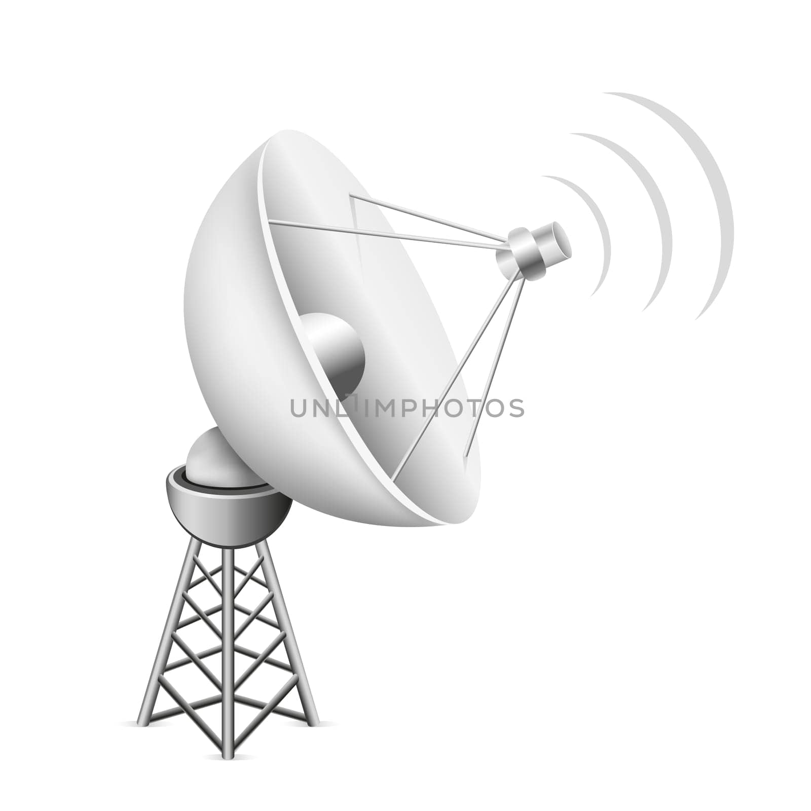 The mesh satellite antenna with construction and signal waves on the white background