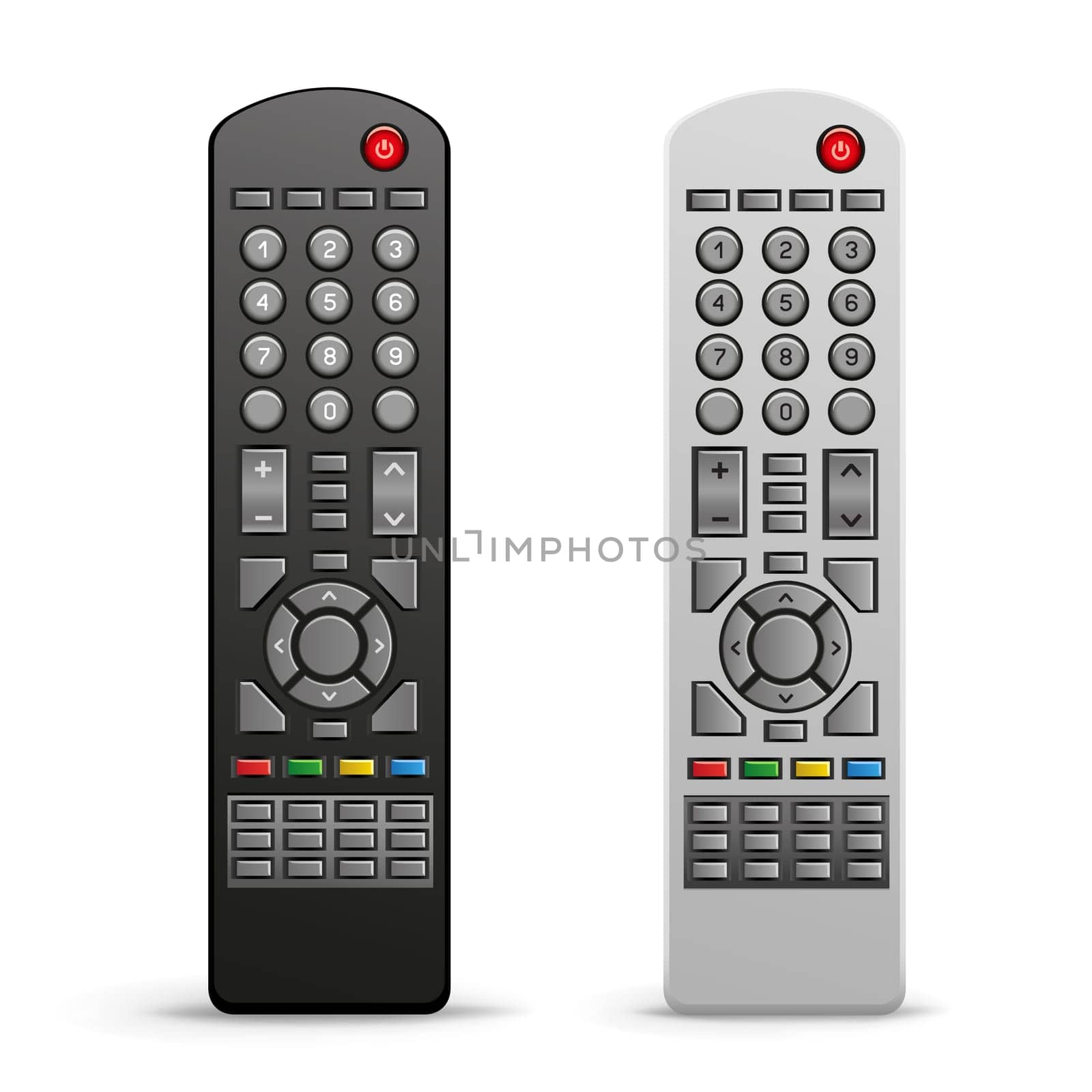 The black and white tv remote controller on the white background