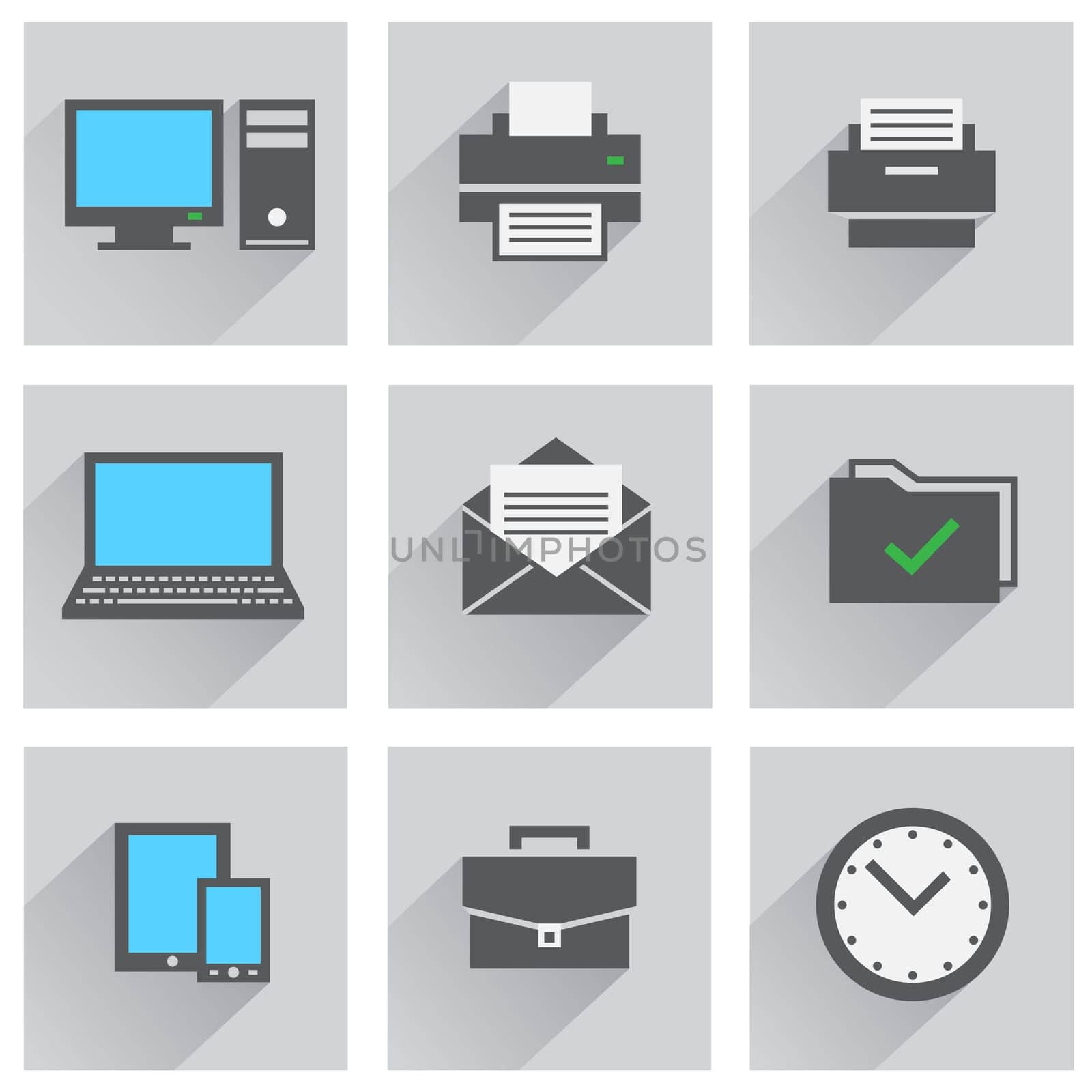 The office icon set, computer printer watch tablet smartphone folder mail