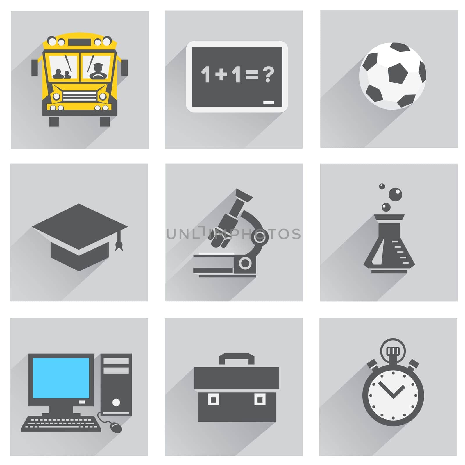The school icon set with shadow on the gray and white background