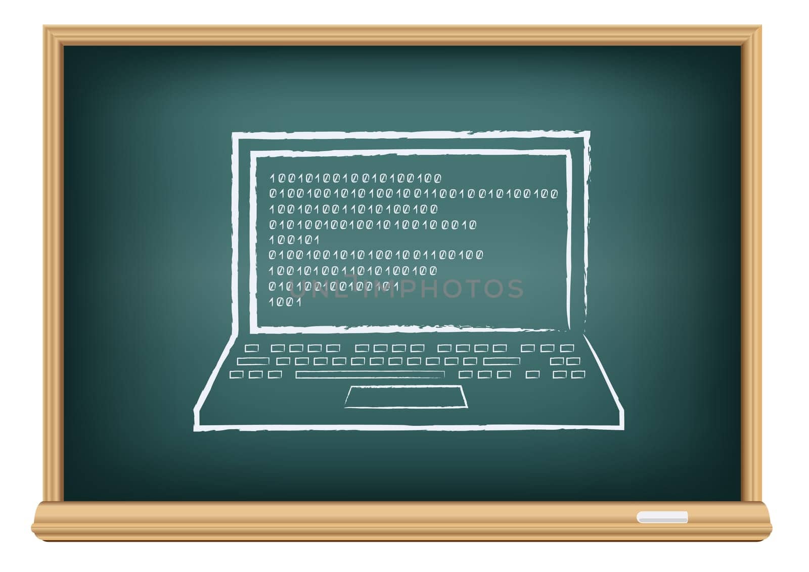The school blackboard and chalk written laptop and code on screen