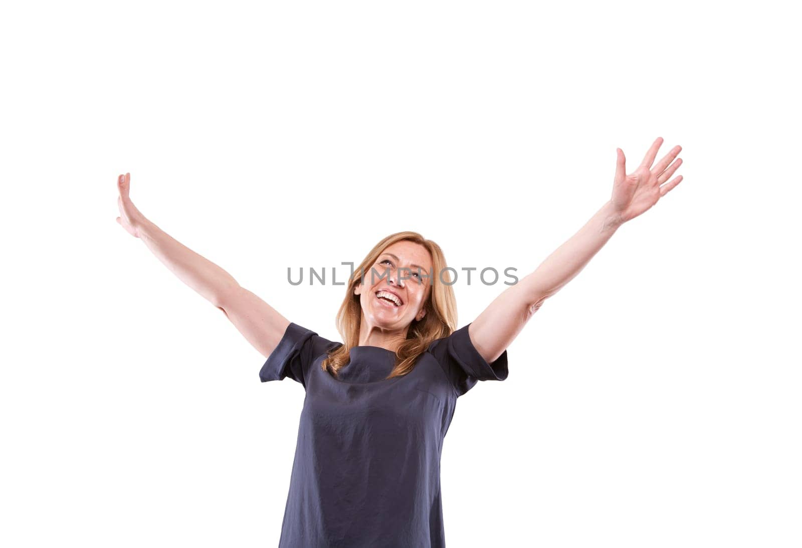 exulting real happy woman smiling because she's very really happy