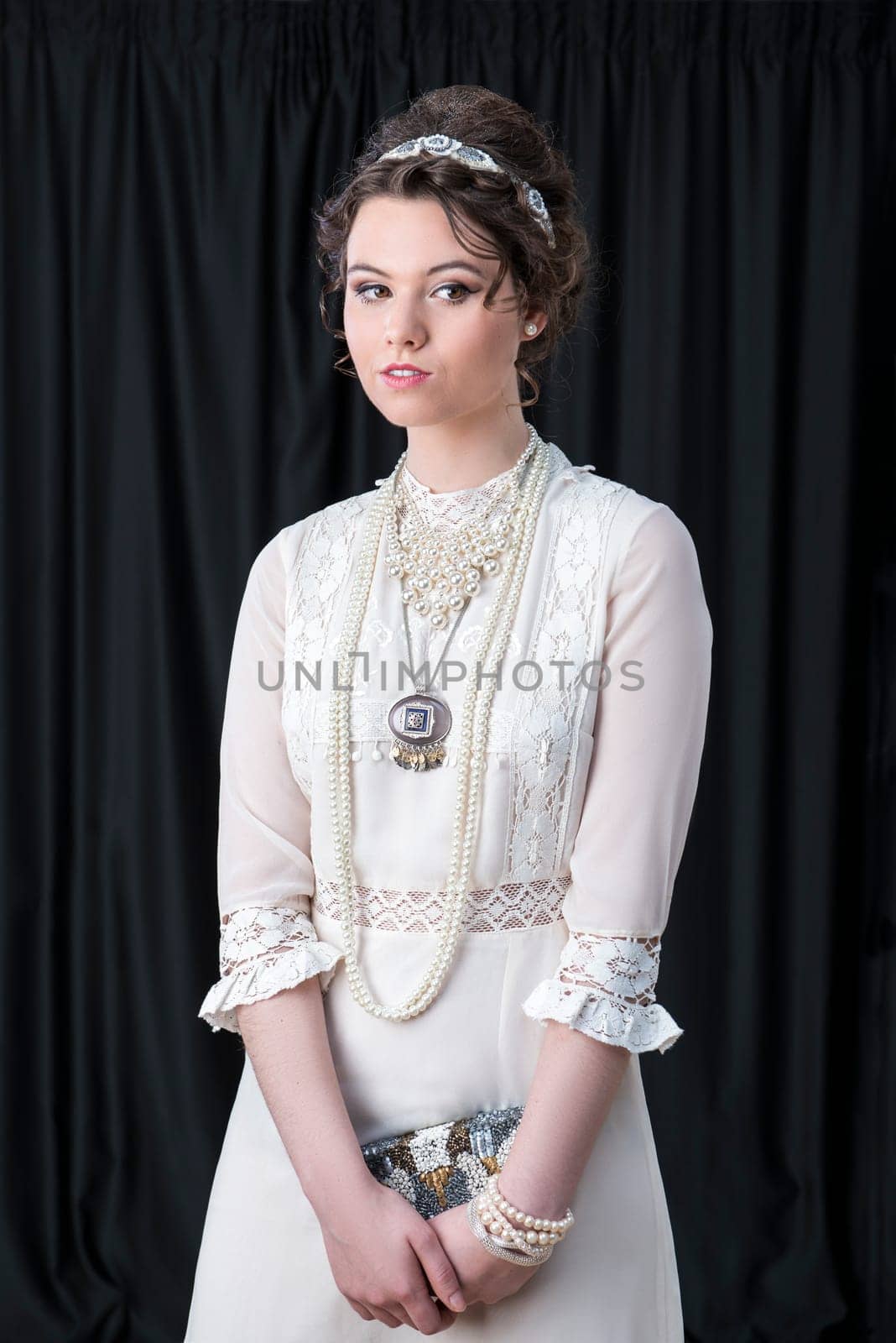 Neo-Victorian model in white dress