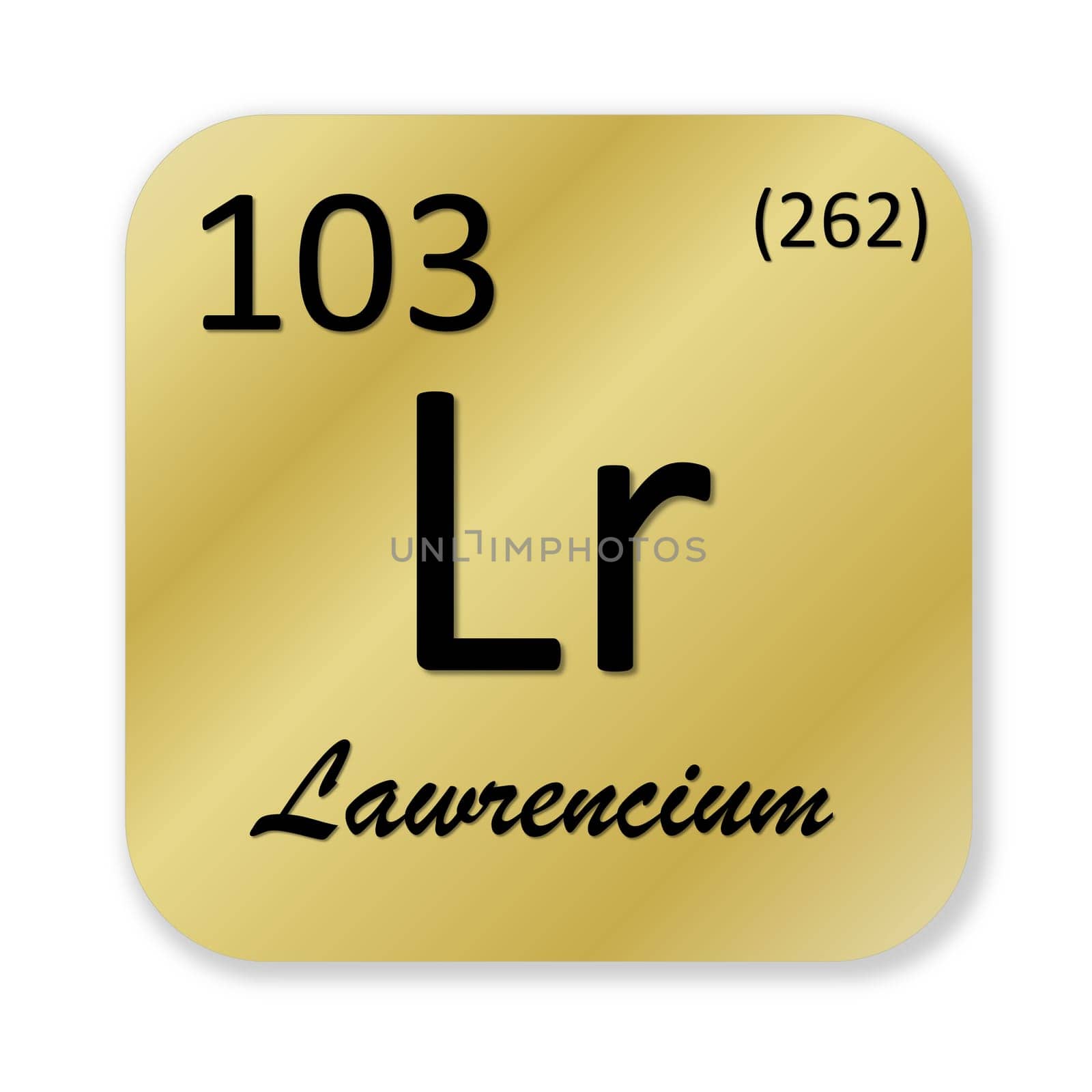 Black laurencium element into golden square shape isolated in white background