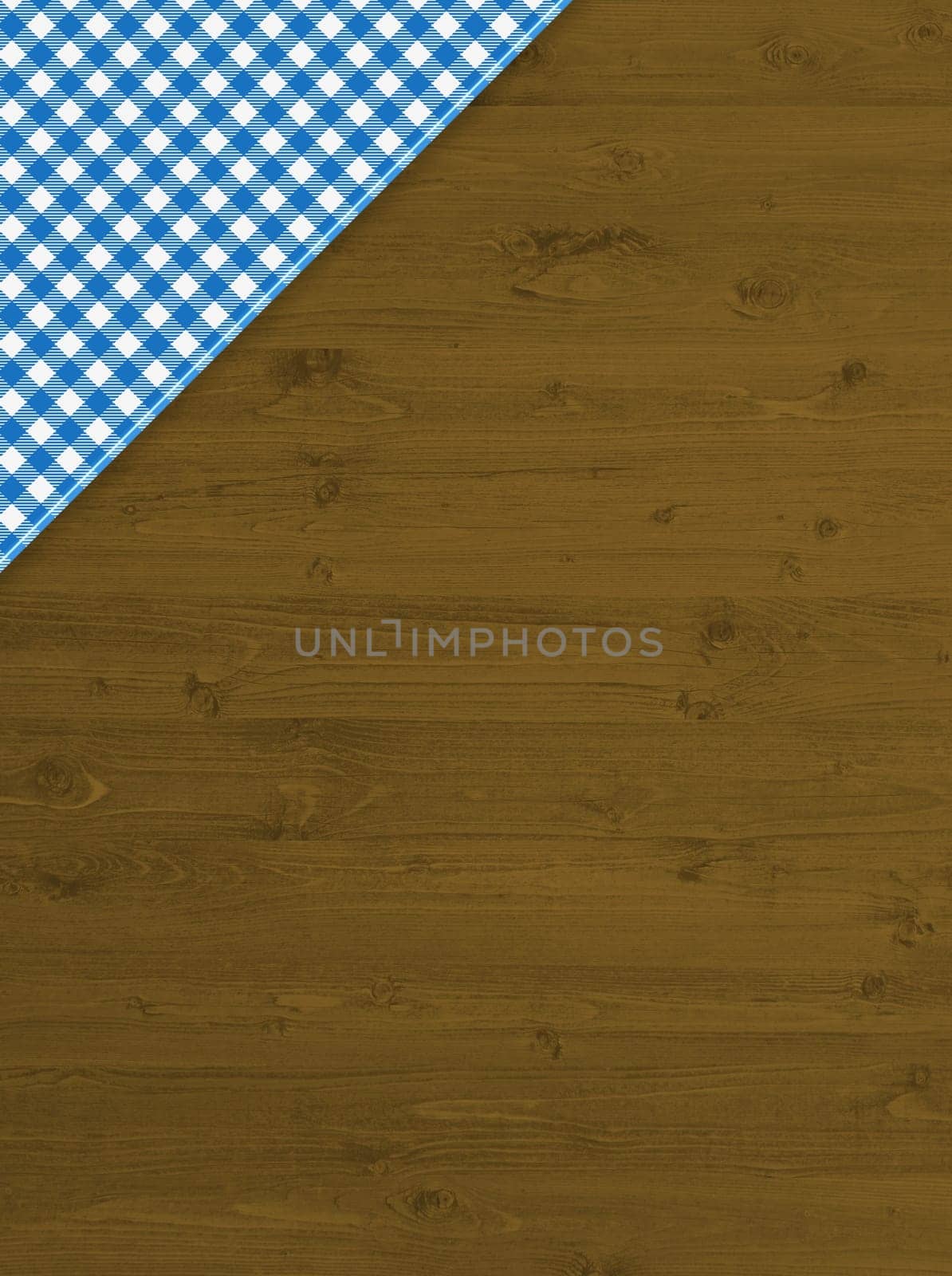 Brown wooden background with blue and white tablecloth in the corner