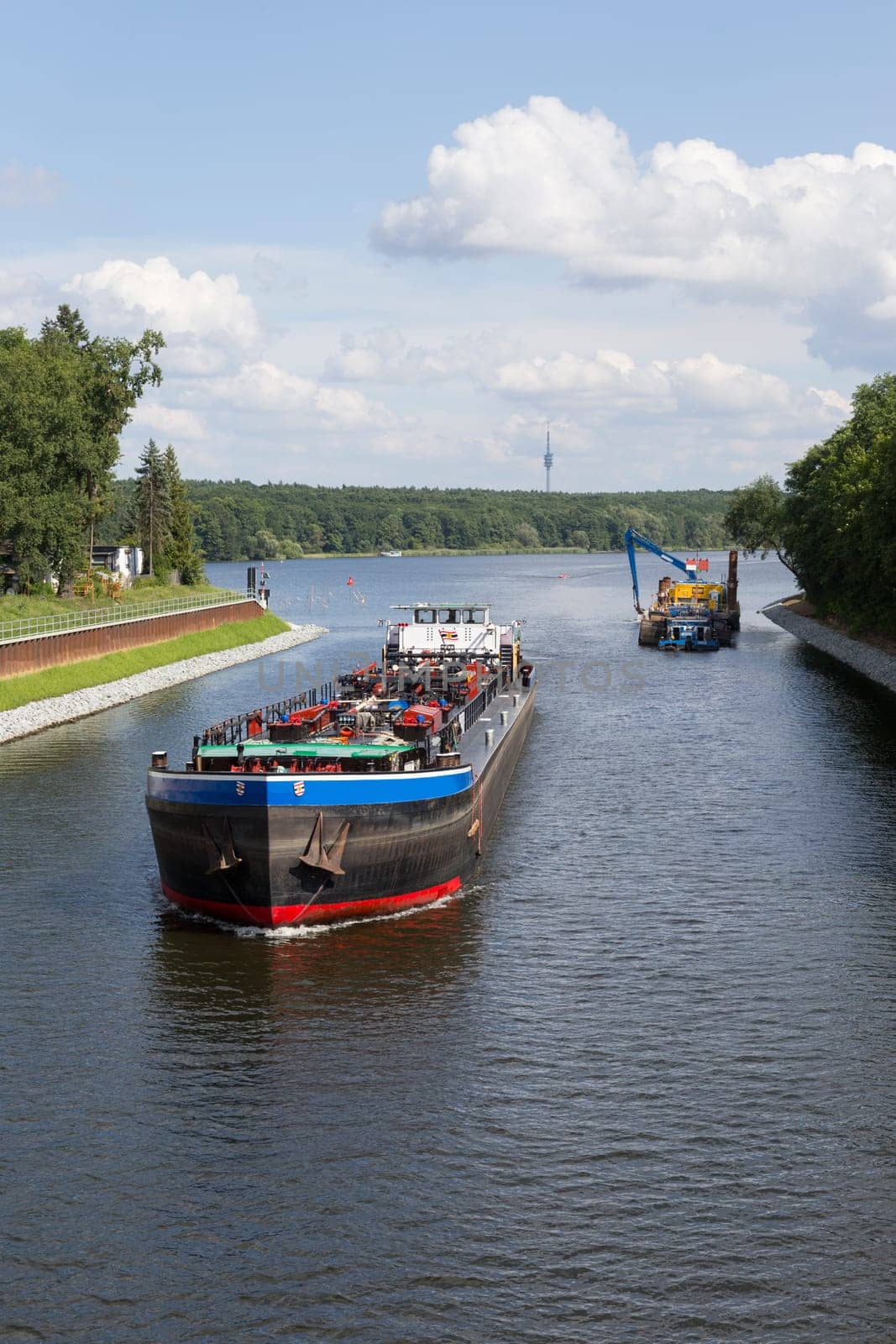 Cargo ship on the canal to the Jungfernsee in Potsdam